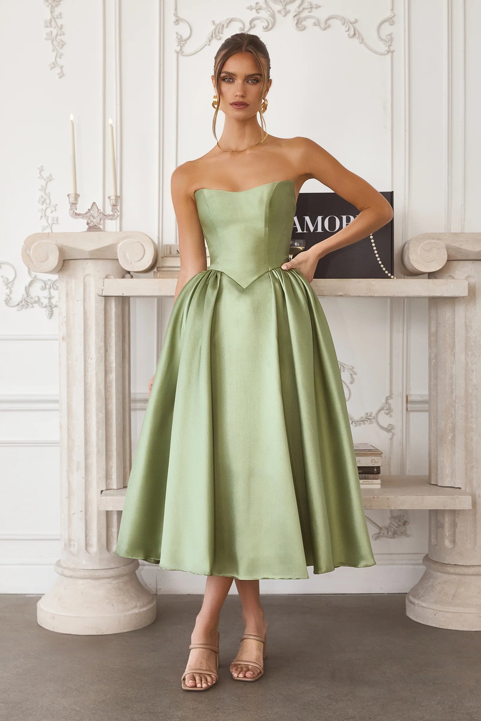 Structured Satin Strapless Sweetheart Midi A-Line Corset Prom Dress