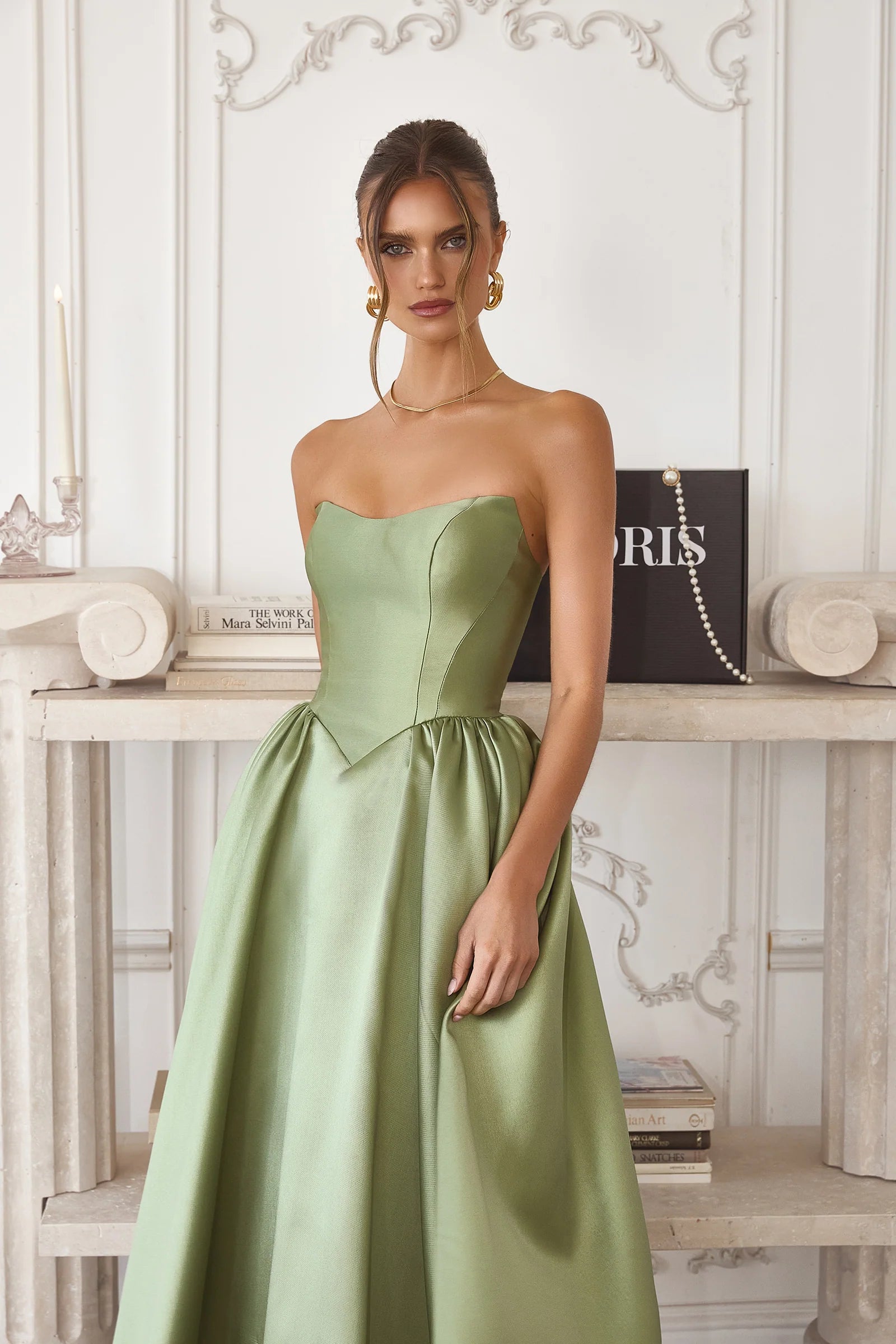 Structured Satin Strapless Sweetheart Midi A-Line Corset Prom Dress