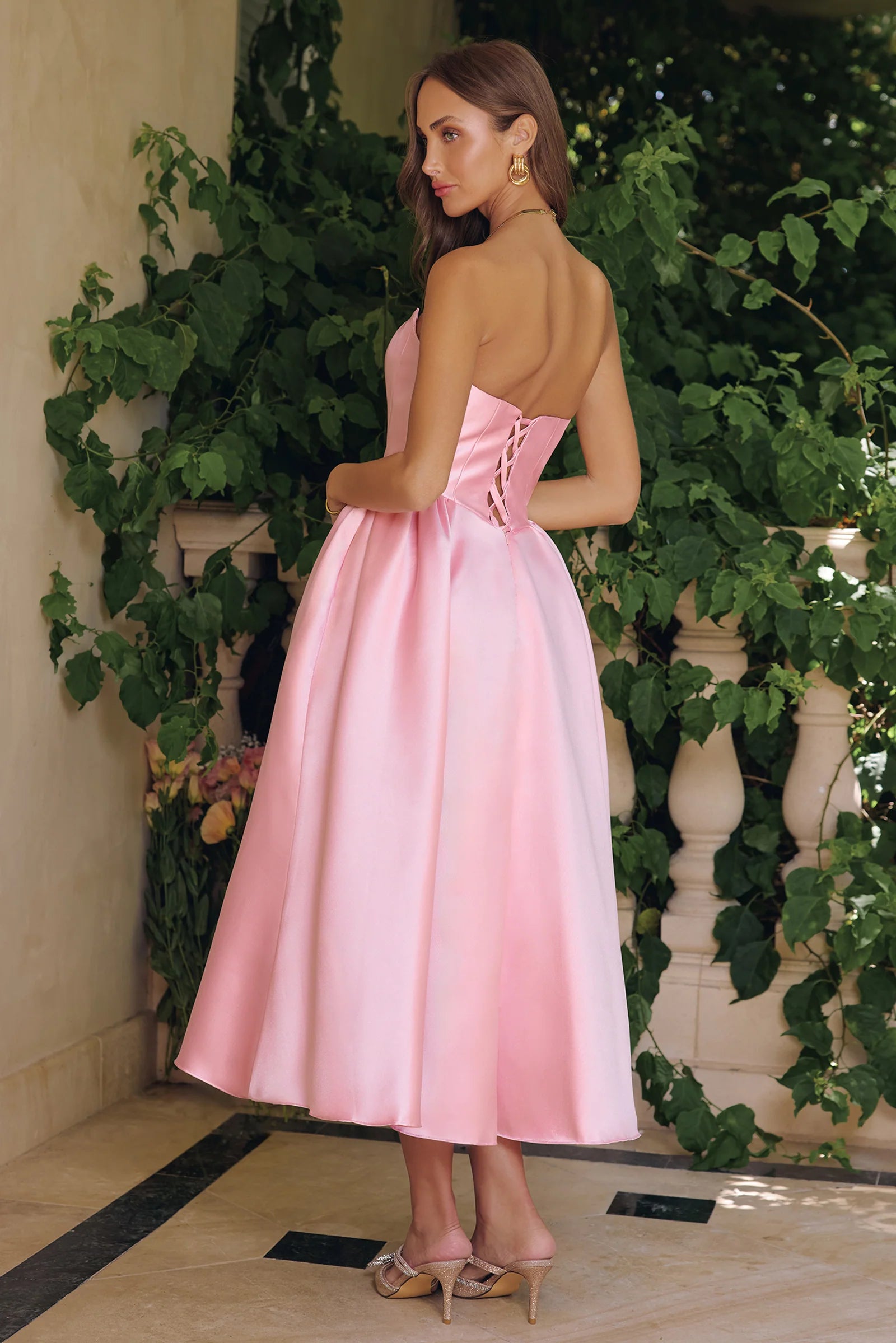 Structured Satin Strapless Sweetheart Midi A-Line Corset Prom Dress