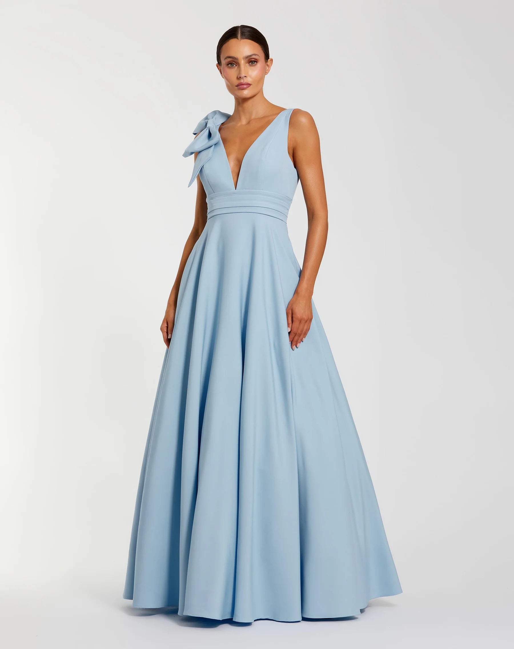 Structured crepe ballgown V-neck sleeveless bow-detail open-back floor-length evening dresses