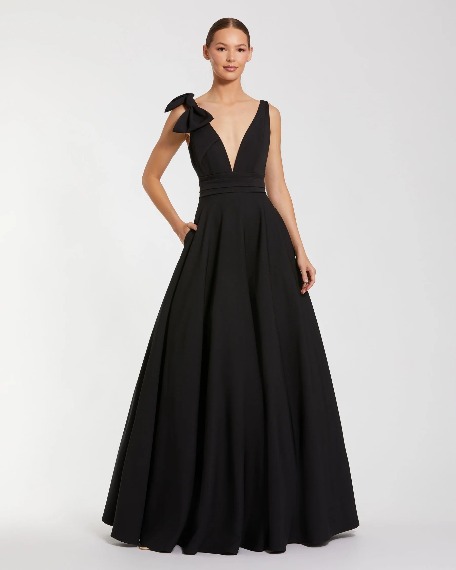 Structured crepe ballgown V-neck sleeveless bow-detail open-back floor-length evening dresses