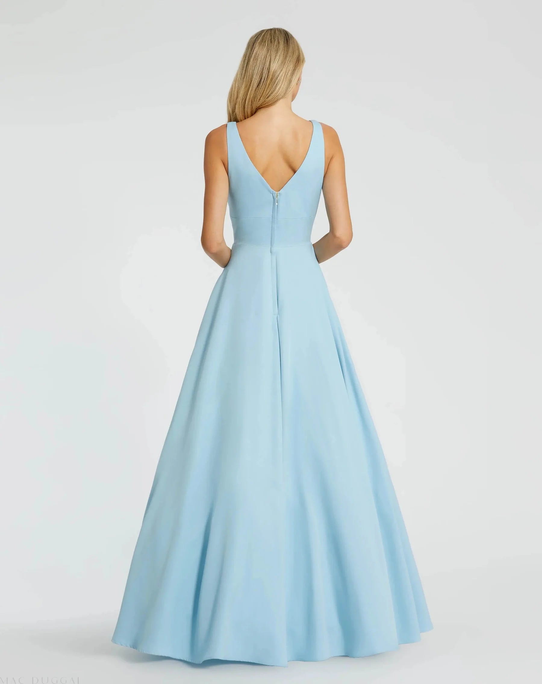 Structured crepe ballgown V-neck sleeveless open-back floor-length evening dresses