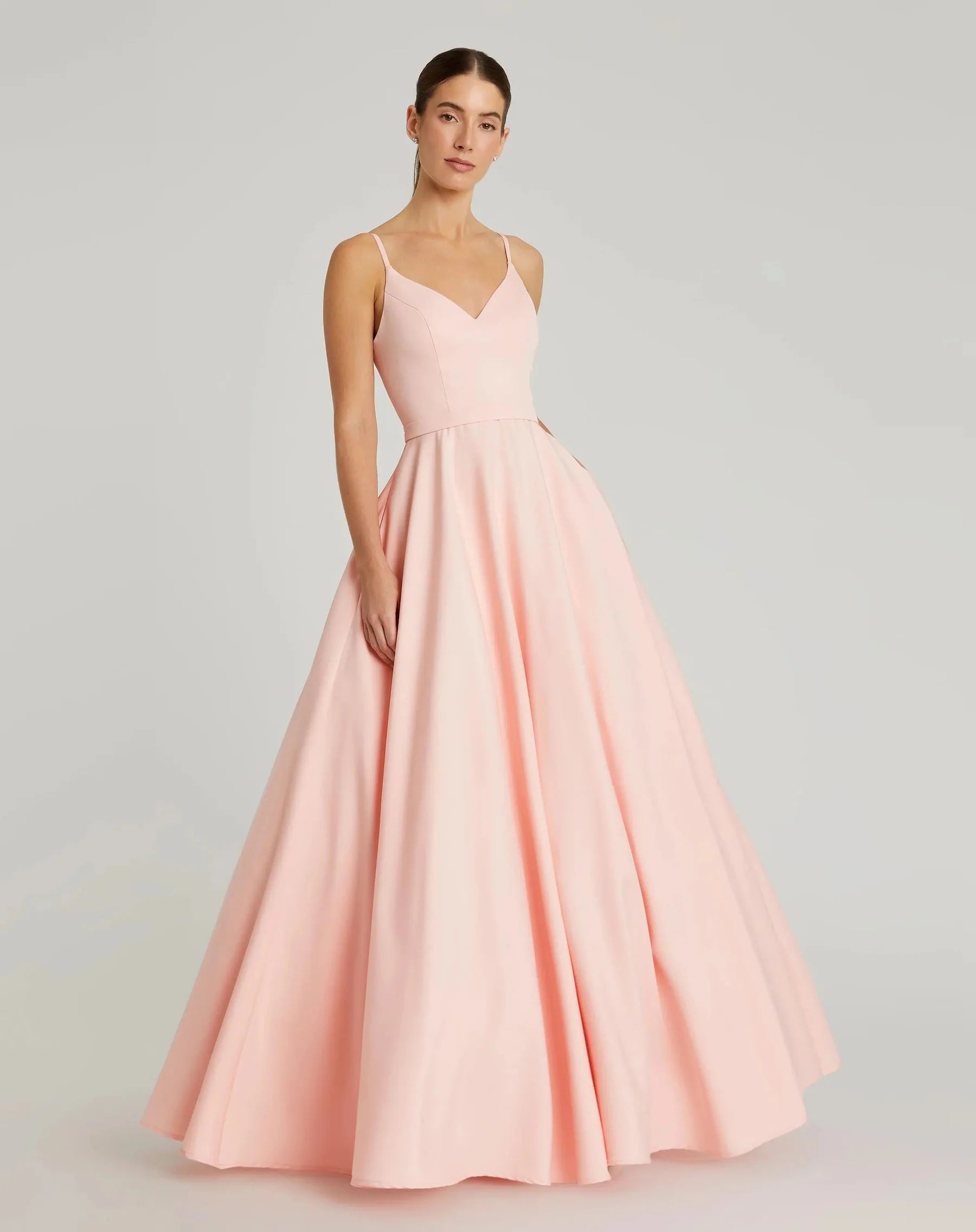 Structured crepe ballgown V-neck spaghetti-strap open-back floor-length evening dresses