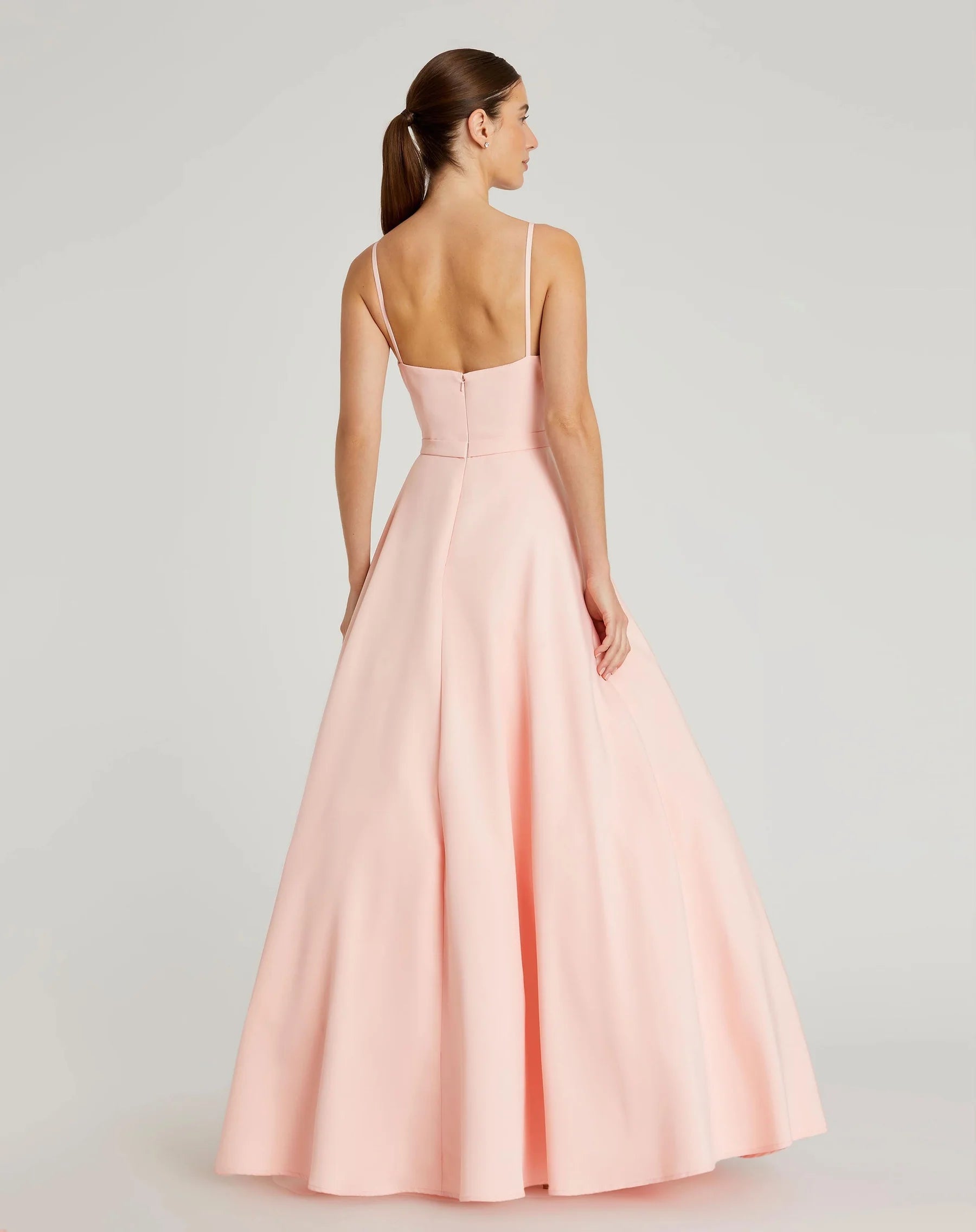 Structured crepe ballgown V-neck spaghetti-strap open-back floor-length evening dresses