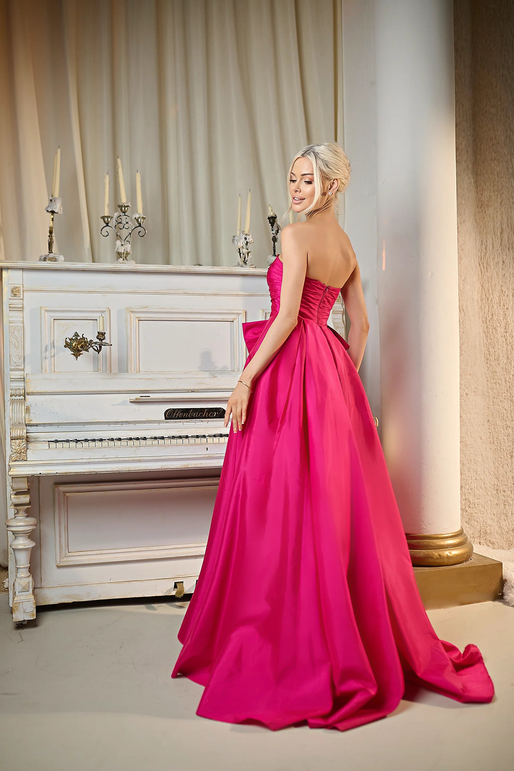 Structured satin ballgown strapless sleeveless open-back floor-length evening dresses