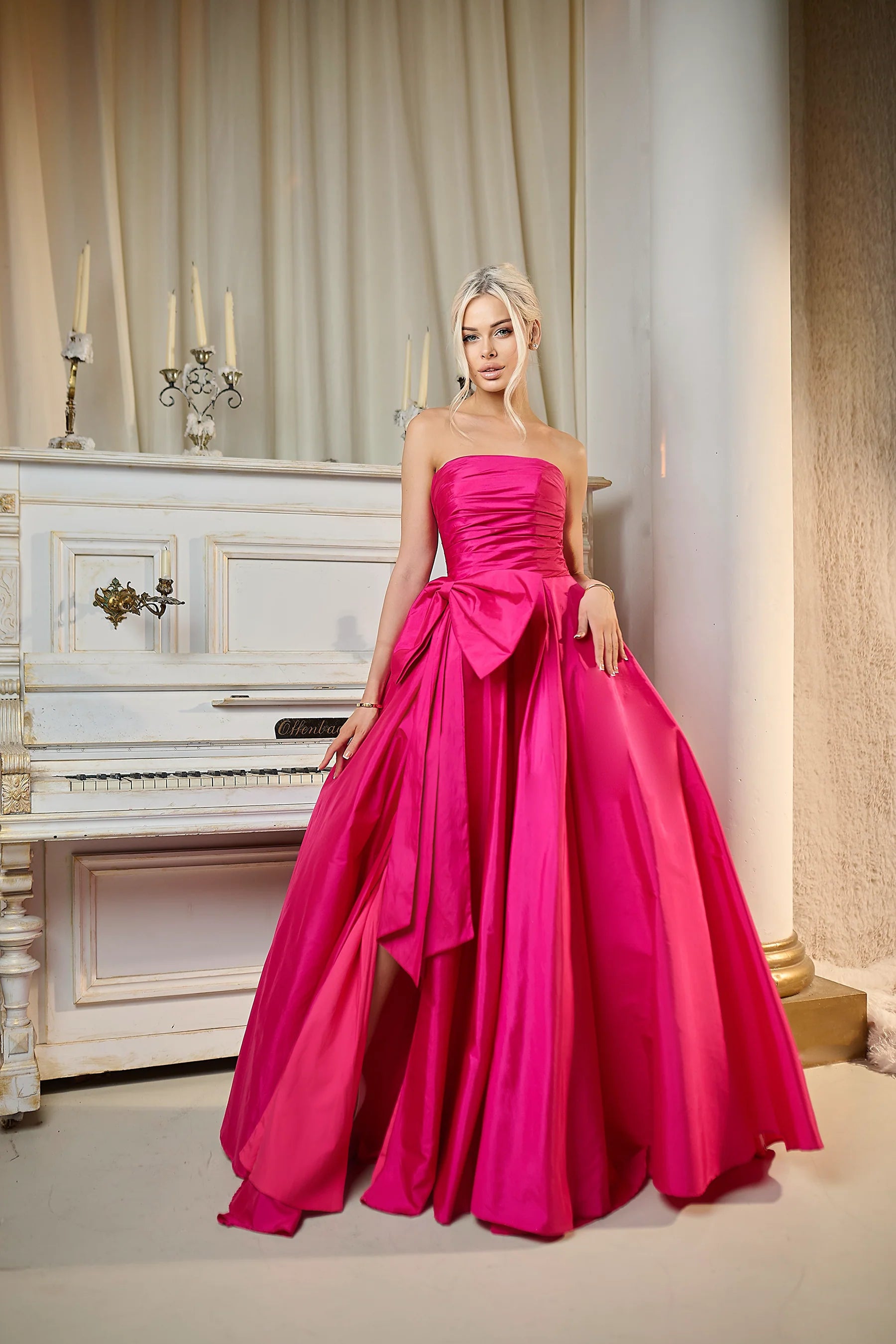 Structured satin ballgown strapless sleeveless open-back floor-length evening dresses