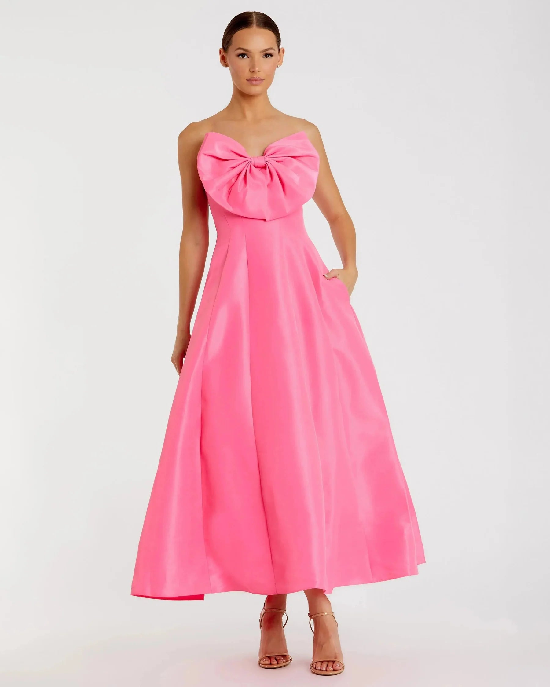 Structured satin midi strapless bow-detail open-back evening dresses