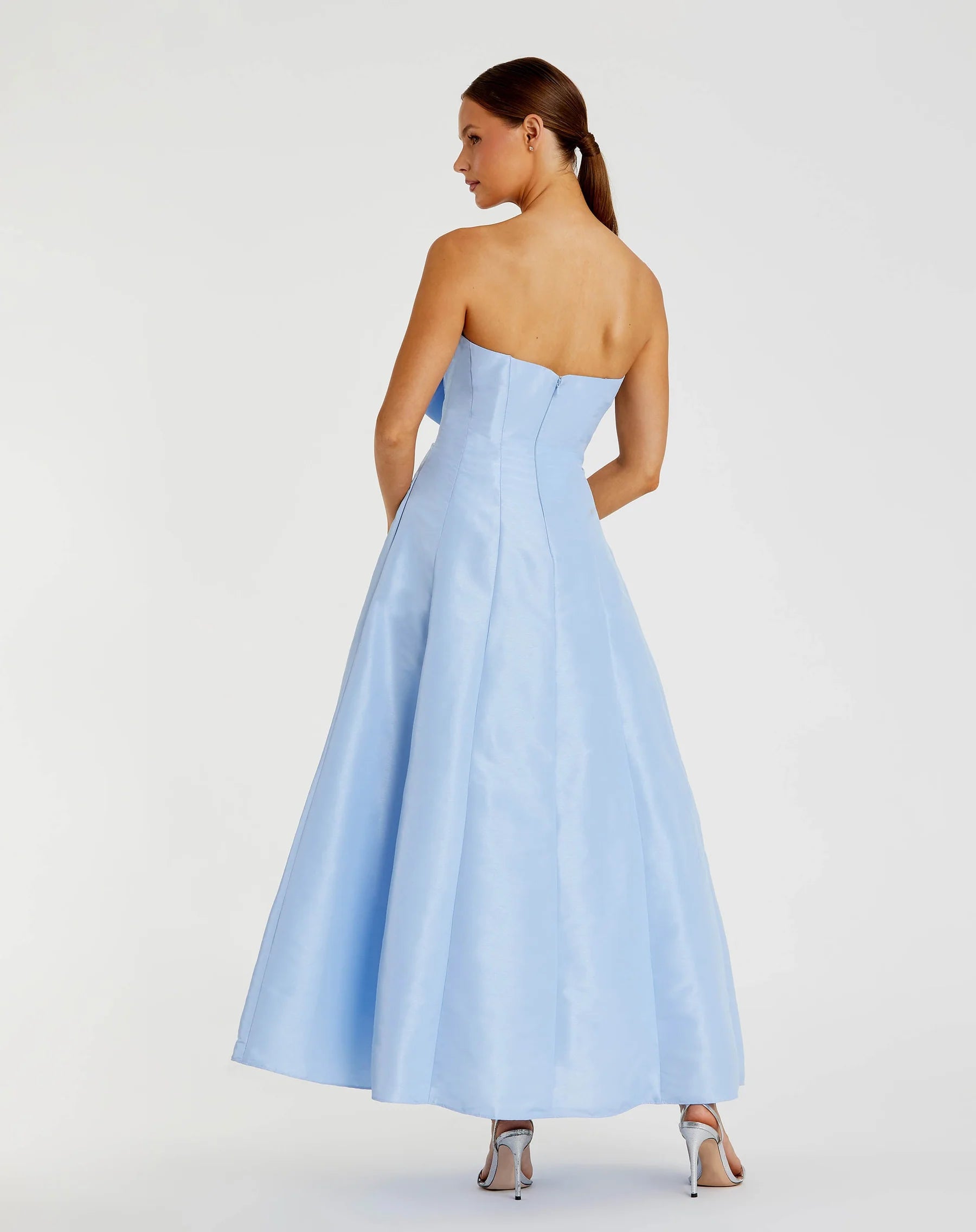 Structured satin midi strapless bow-detail open-back evening dresses