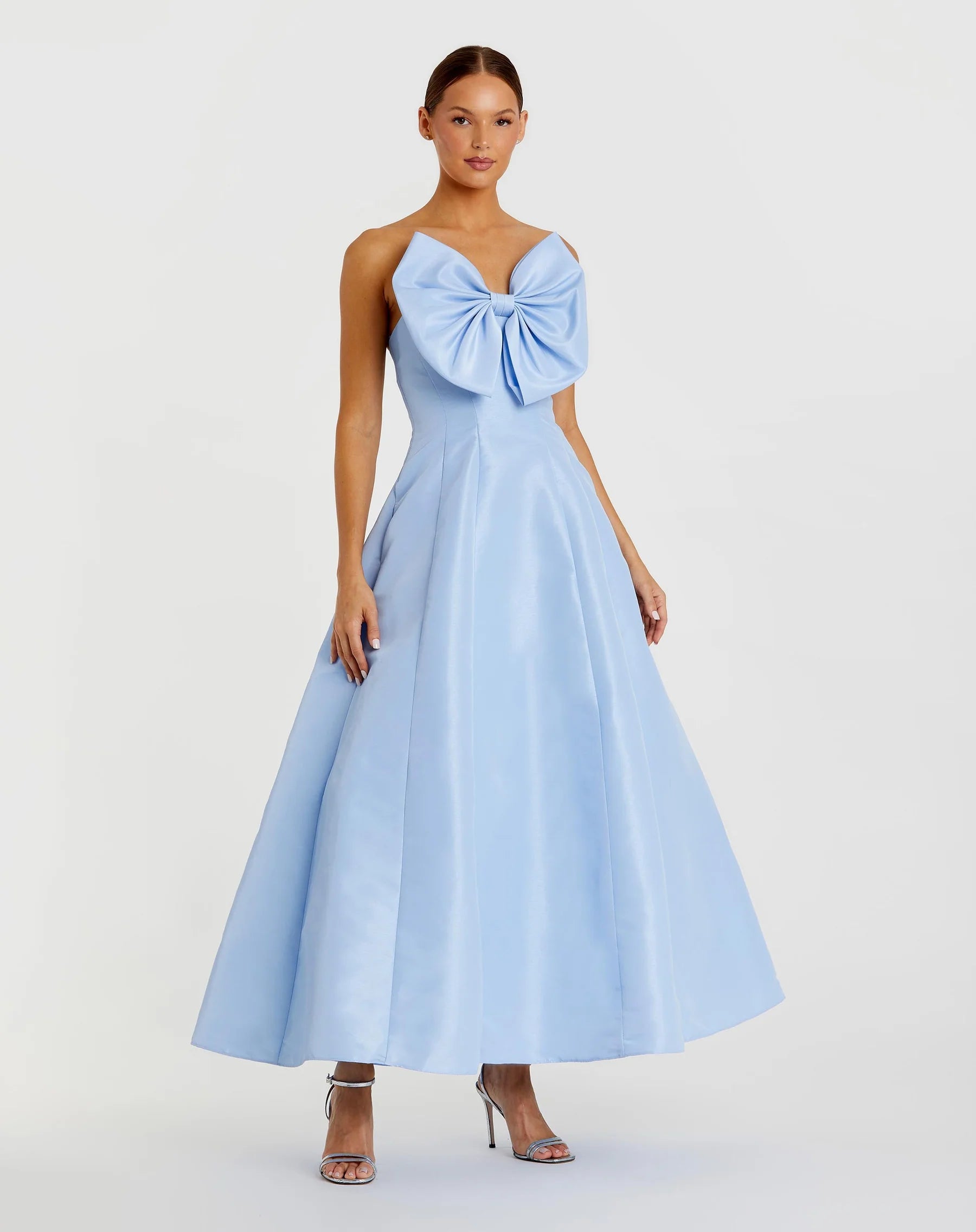 Structured satin midi strapless bow-detail open-back evening dresses