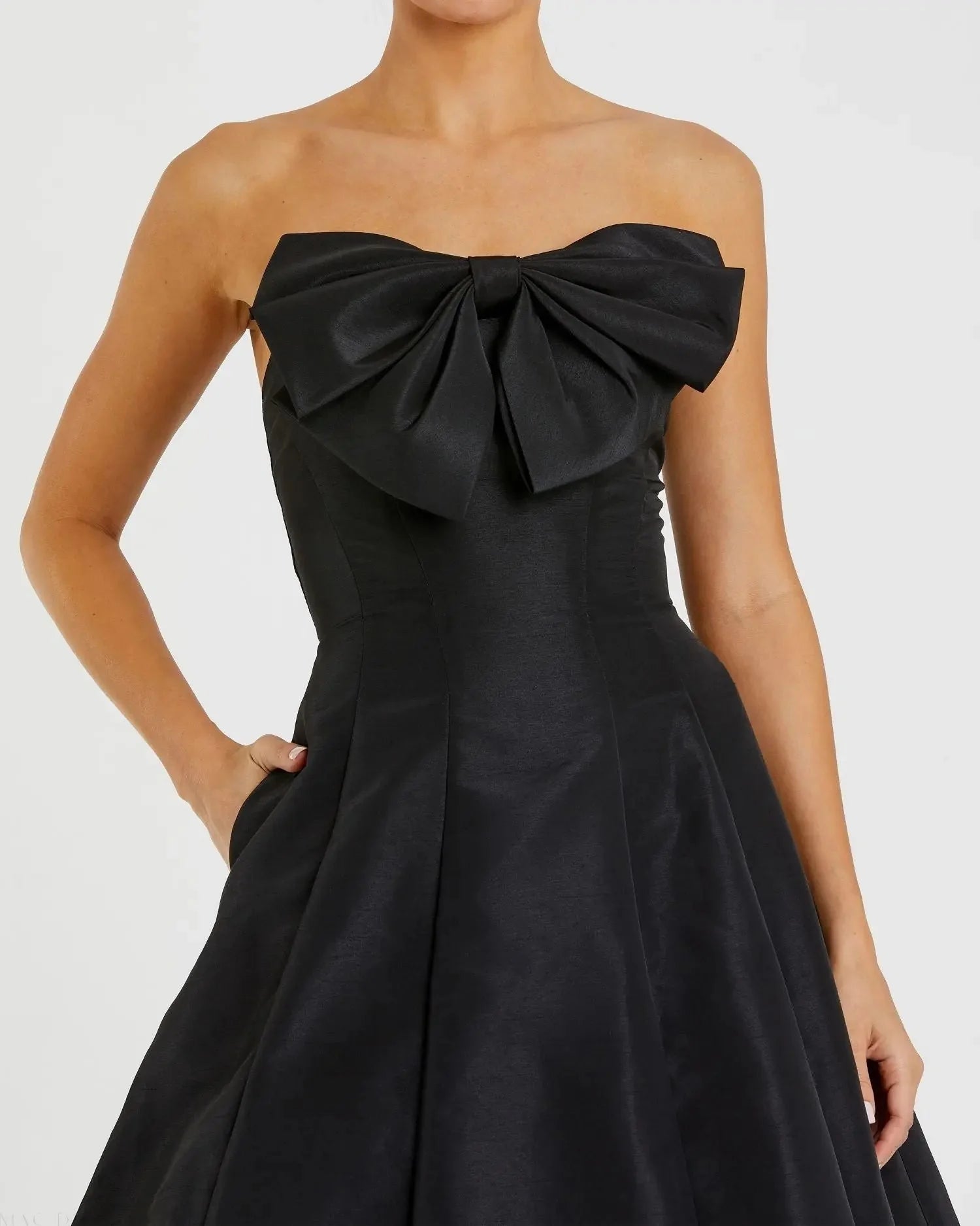 Structured satin midi strapless bow-detail open-back evening dresses