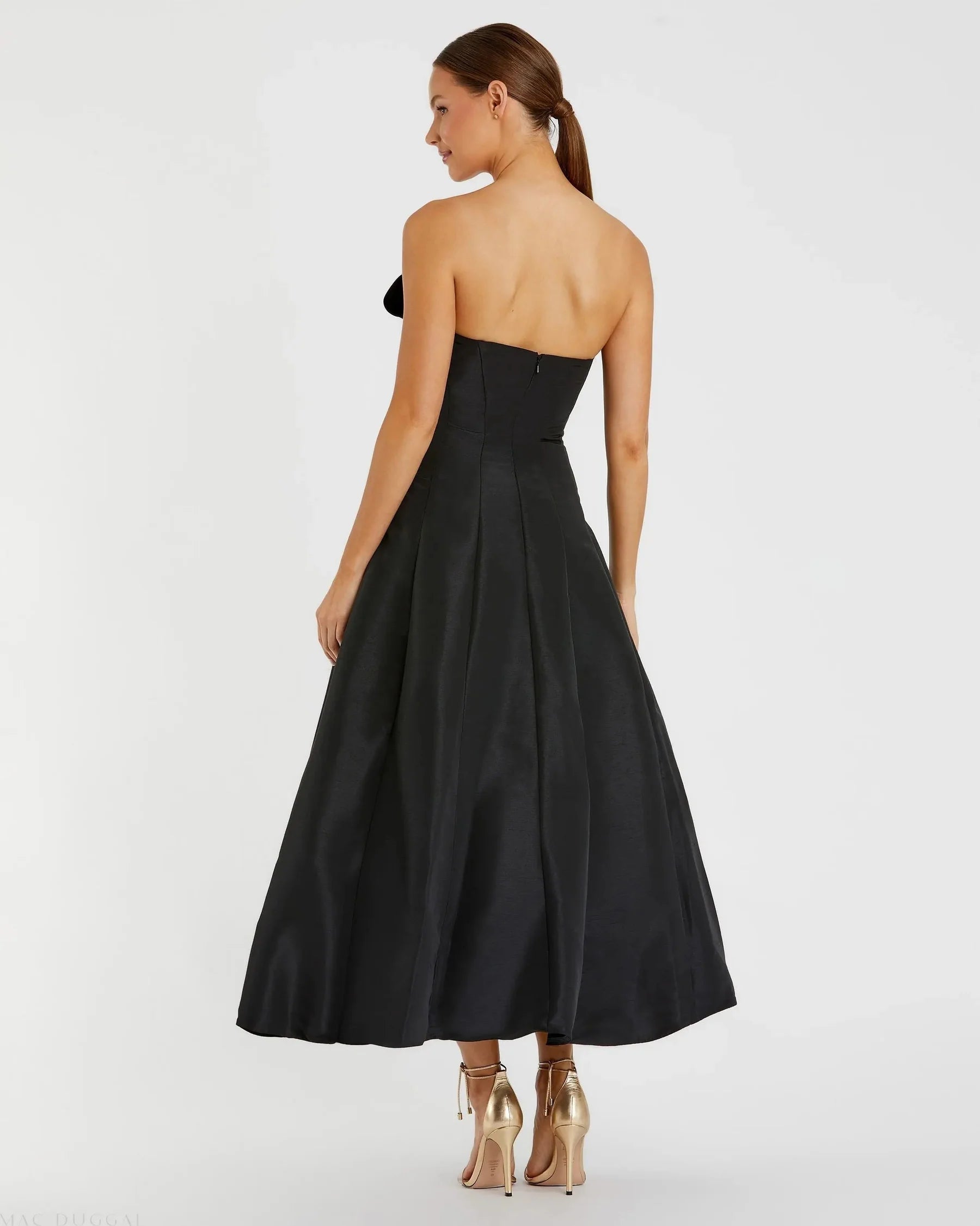 Structured satin midi strapless bow-detail open-back evening dresses