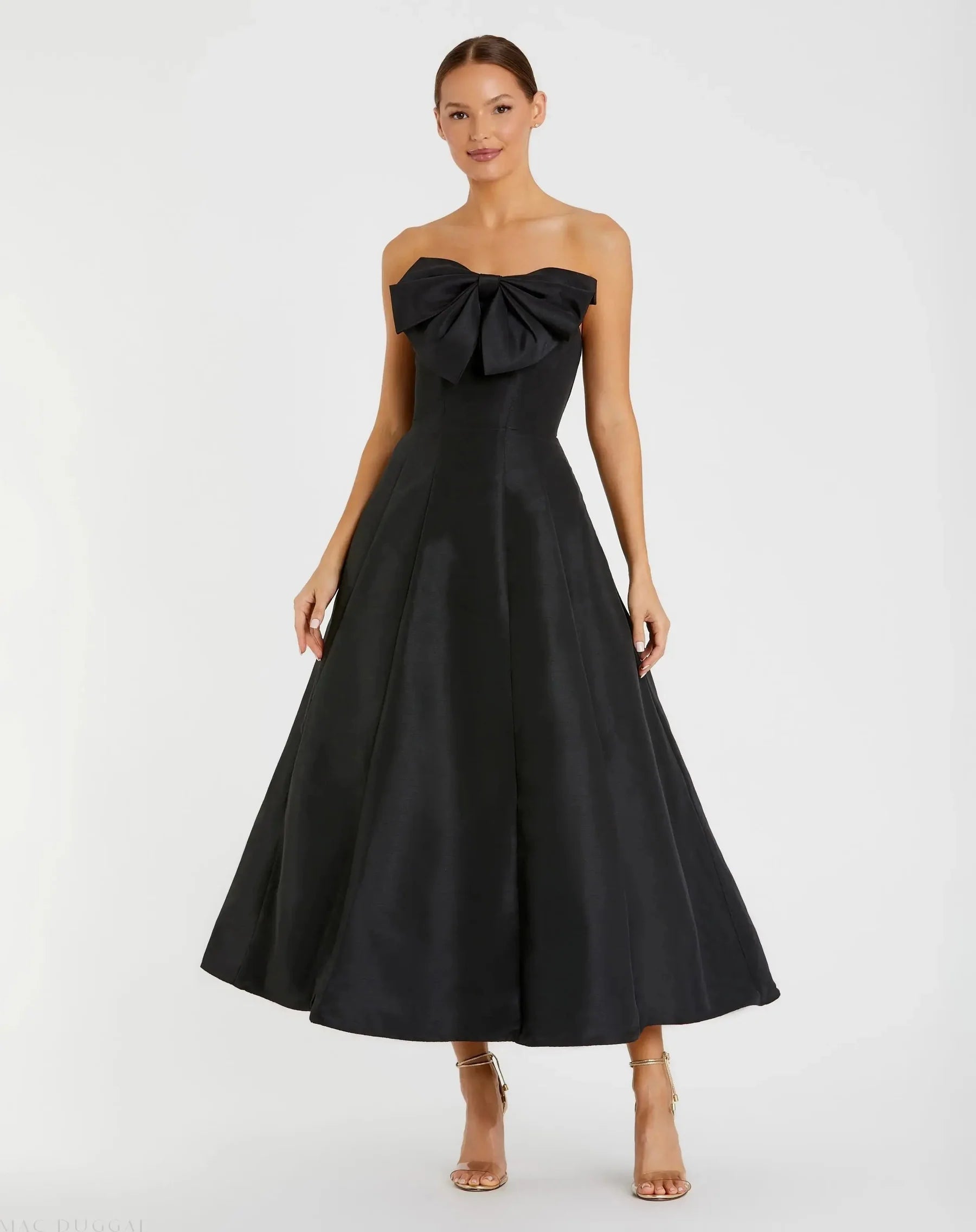 Structured satin midi strapless bow-detail open-back evening dresses
