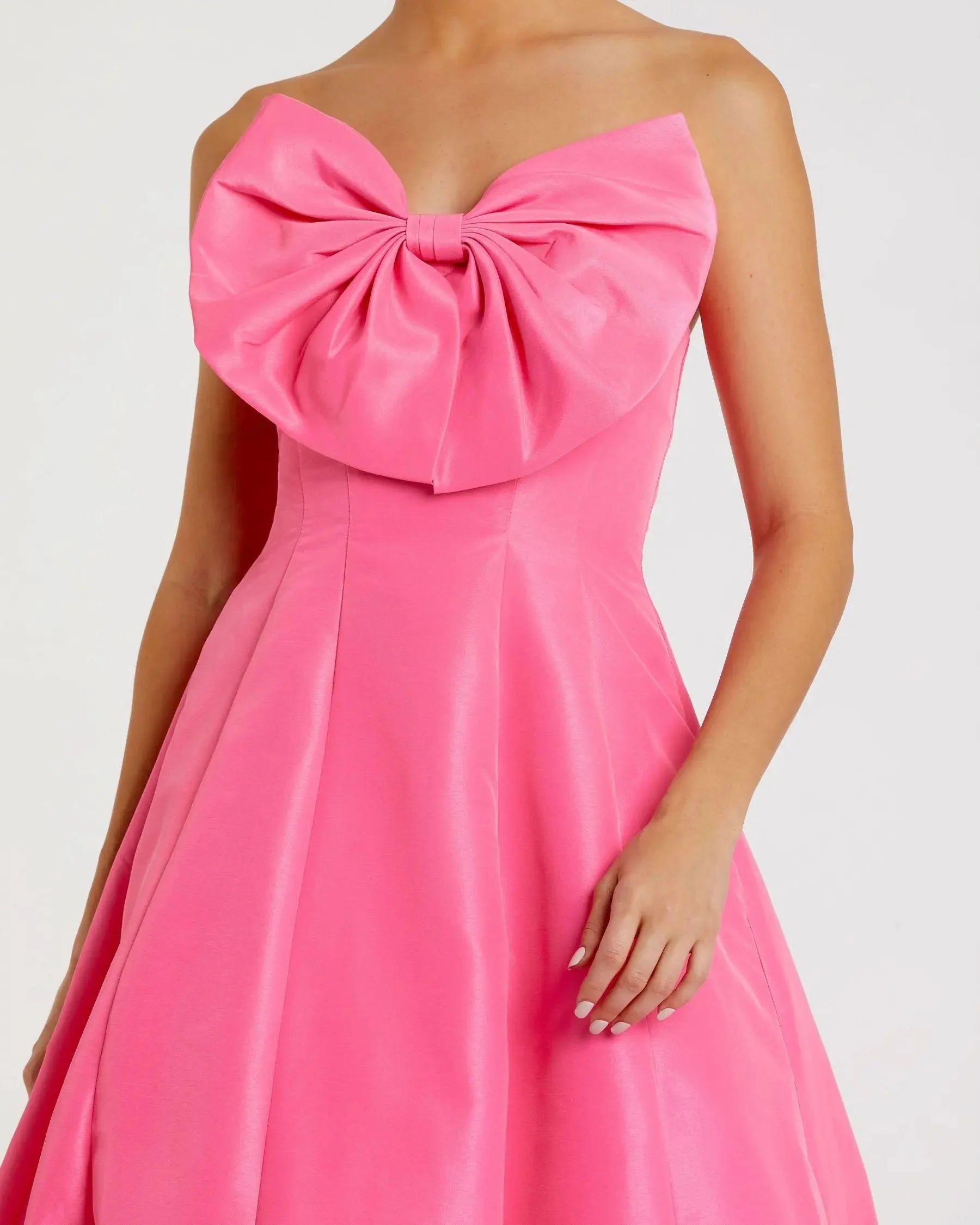 Structured satin midi strapless bow-detail open-back evening dresses