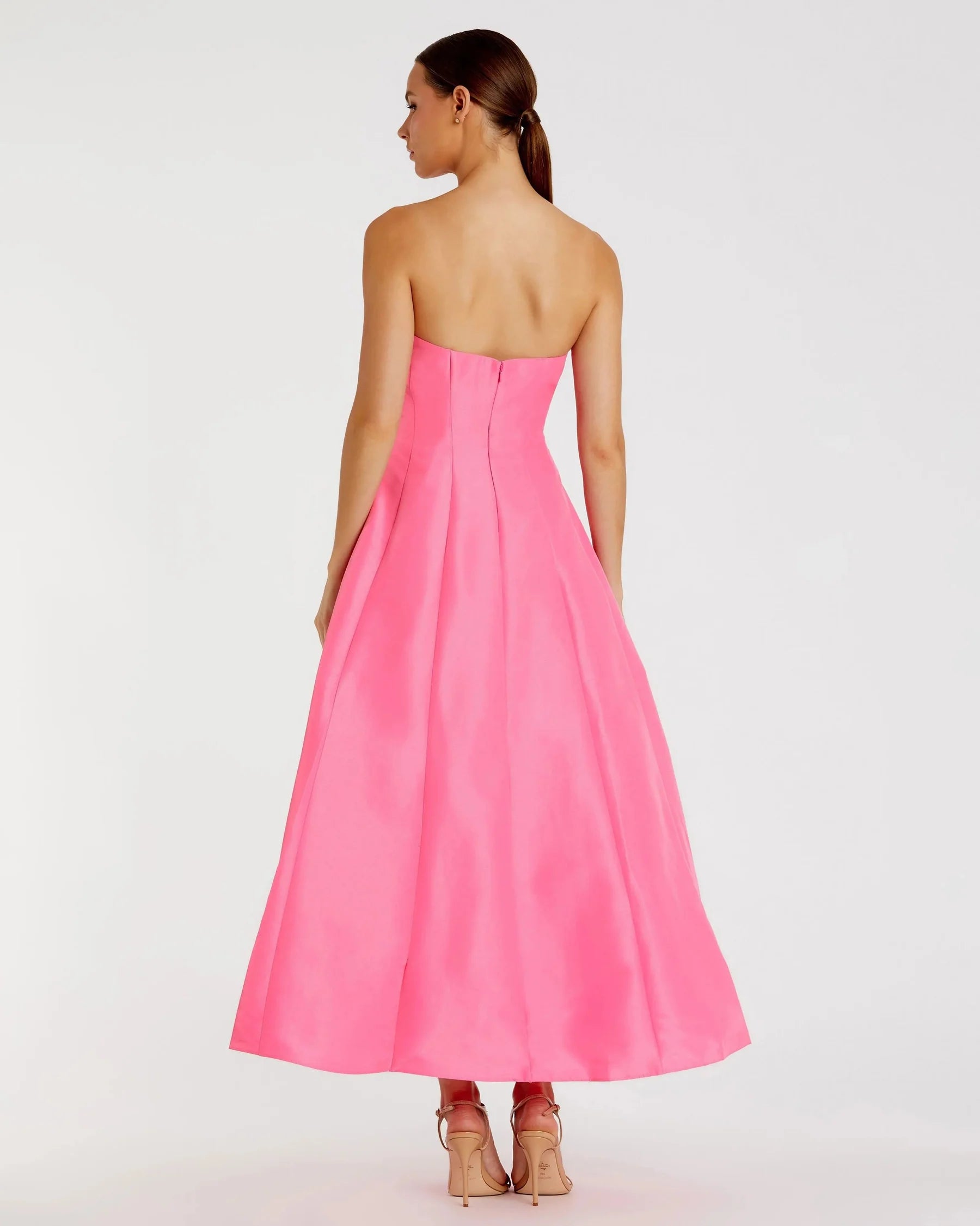 Structured satin midi strapless bow-detail open-back evening dresses