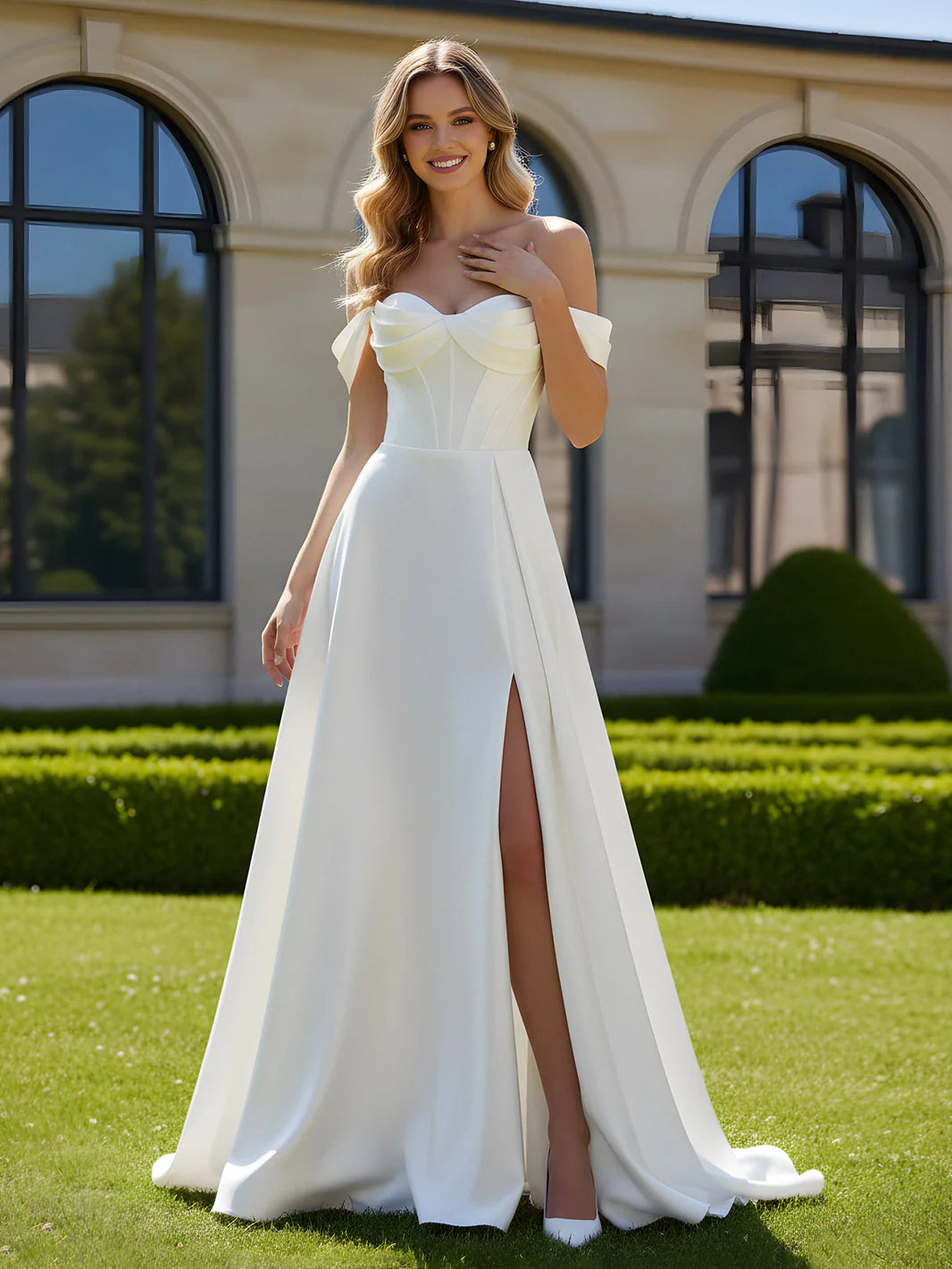 Stunning A-Line Off-the-Shoulder Closed Back Floor-Length Evening Dresses