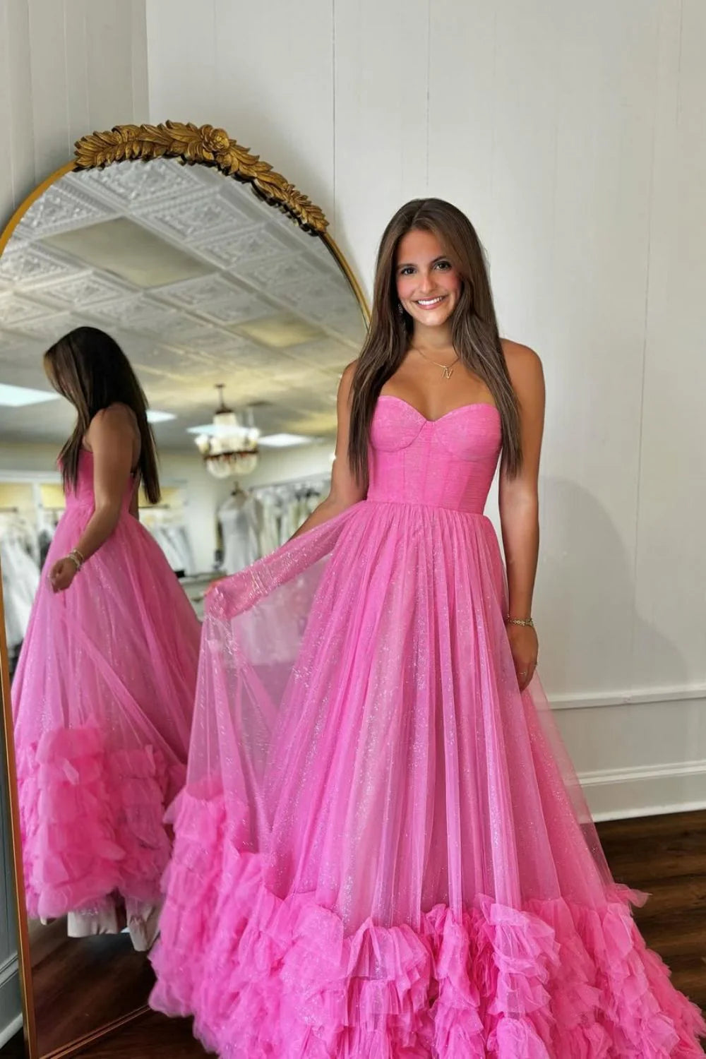 Stunning A-Line Pink Sweetheart Long Glitter Tulle Unique Design Prom Dress
