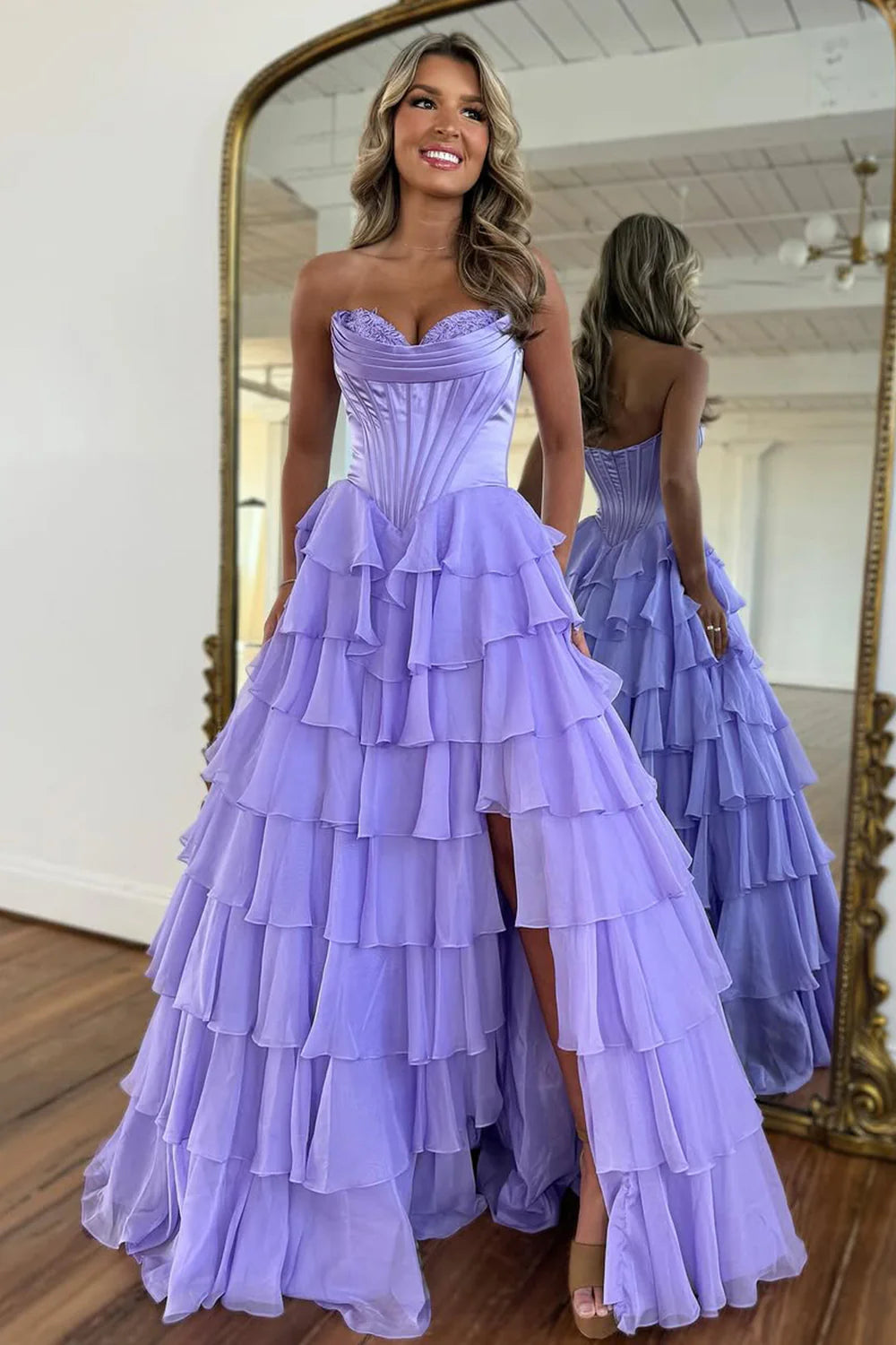 Stunning A-Line Sweetheart Satin Top Long Tiered Chiffon Prom Dress with Slit