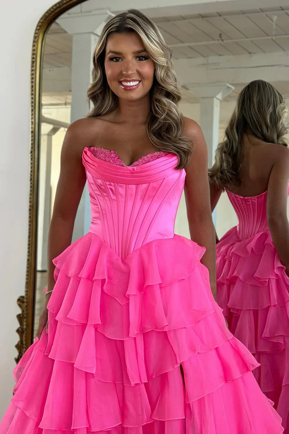 Stunning A-Line Sweetheart Satin Top Long Tiered Chiffon Prom Dress with Slit