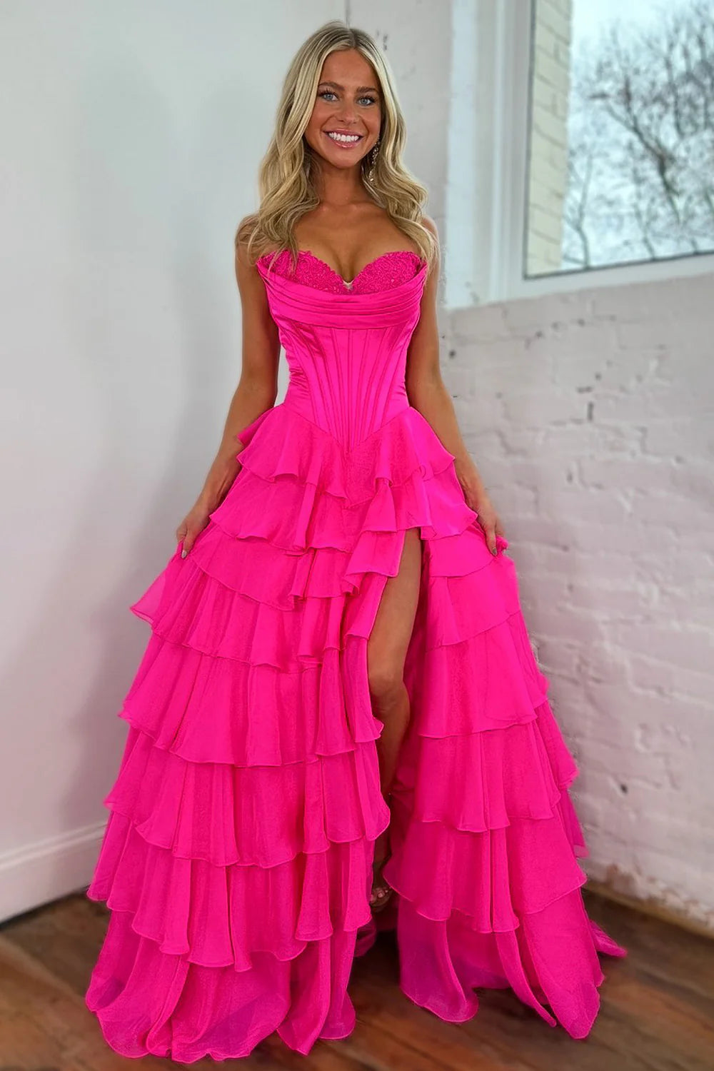 Stunning A-Line Sweetheart Satin Top Long Tiered Chiffon Prom Dress with Slit