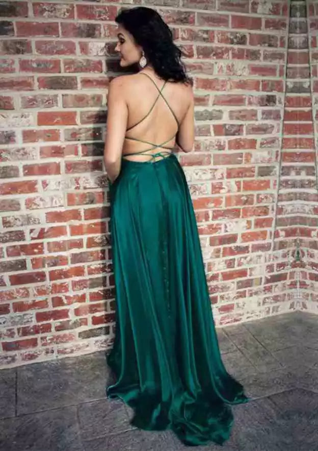 Stunning A-line/Princess style backless sleeveless trailing satin slit Prom Dresses