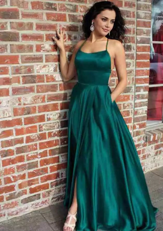 Stunning A-line/Princess style backless sleeveless trailing satin slit Prom Dresses