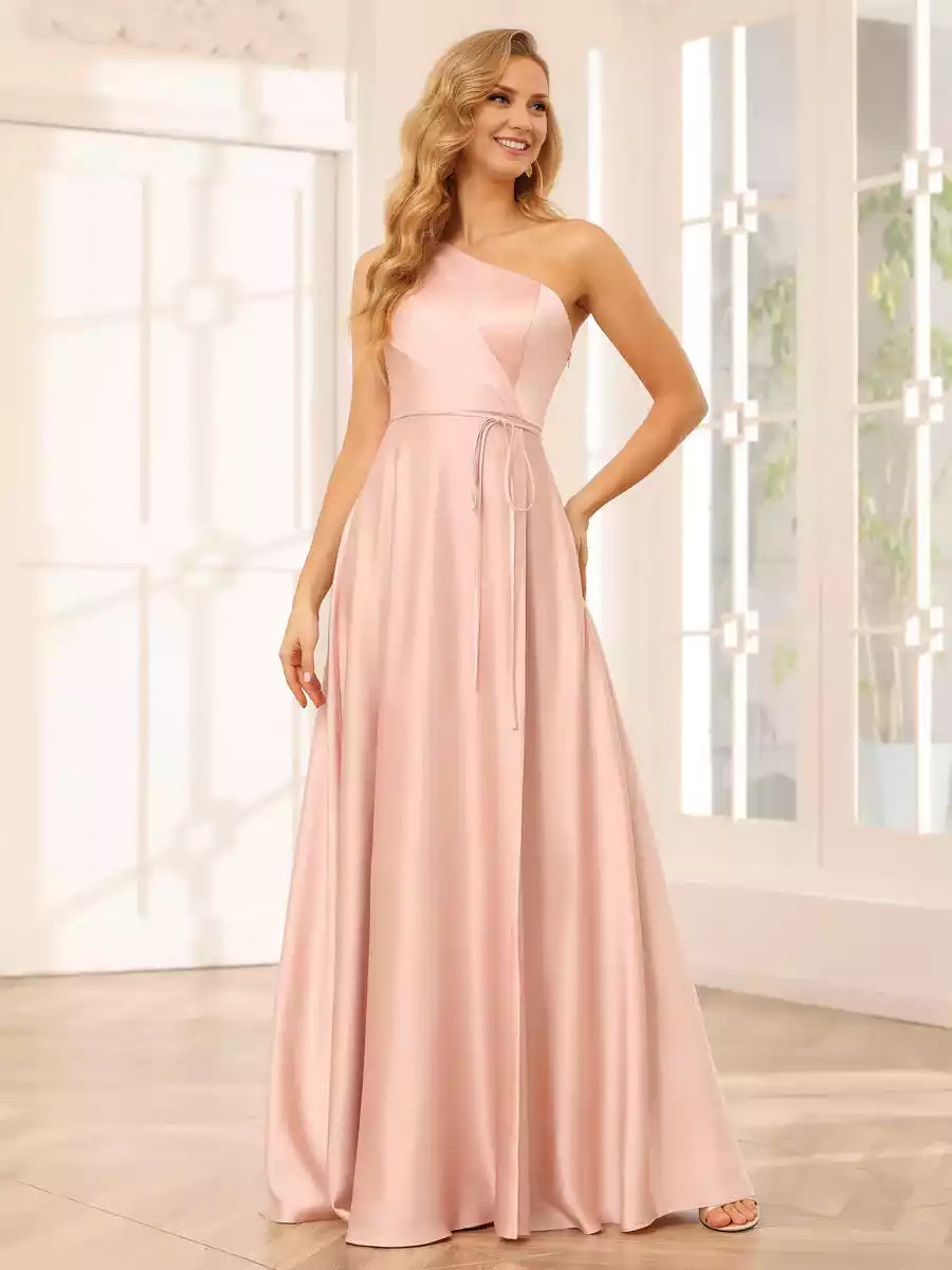 Stunning A-line/Princess style single shoulder long side slit Bridesmaid Dresses