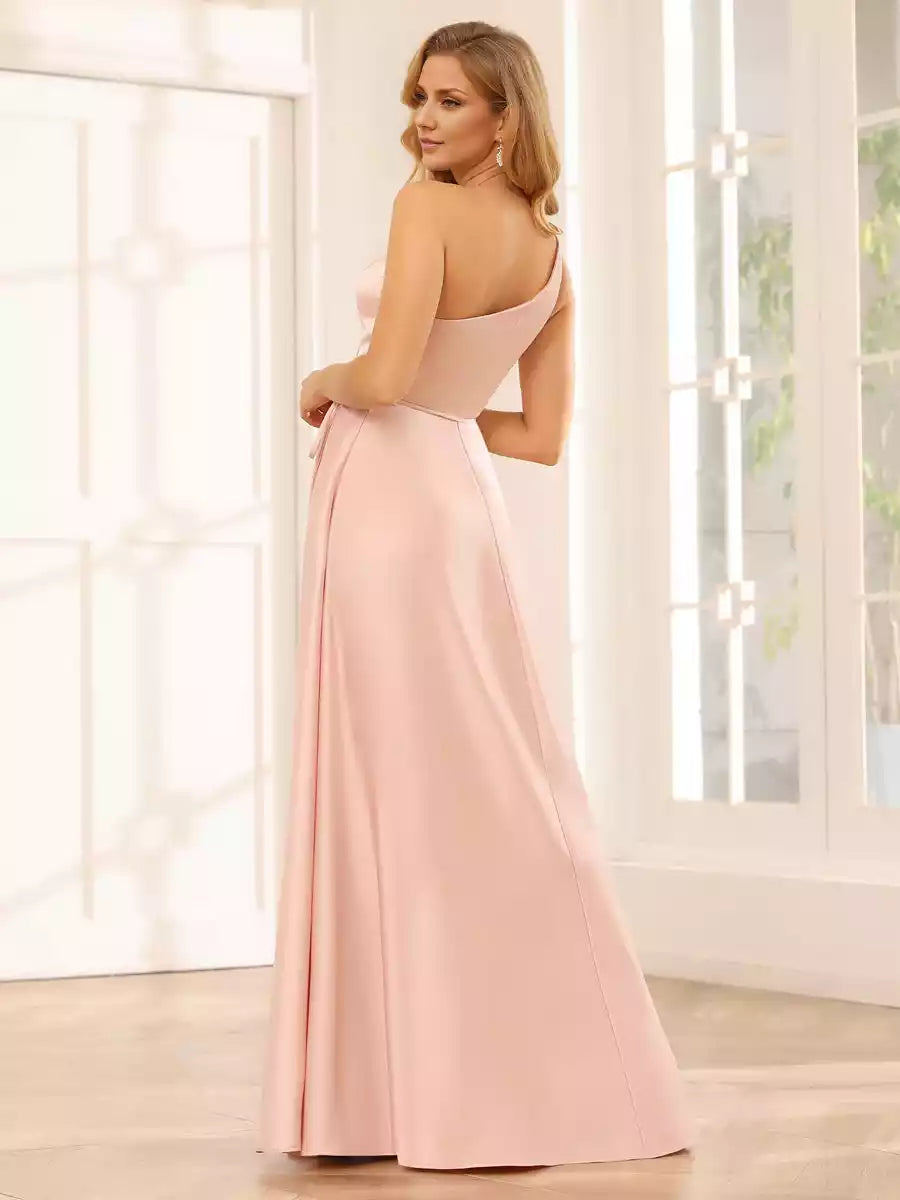 Stunning A-line/Princess style single shoulder long side slit Bridesmaid Dresses