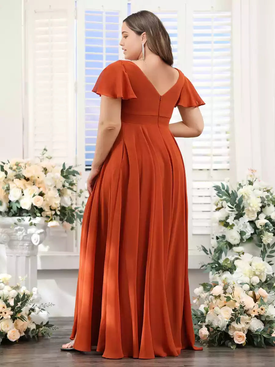 Stunning A-line V-neck short sleeved shirt with side slits, pleated chiffon oversized Bridesmaid Dresses