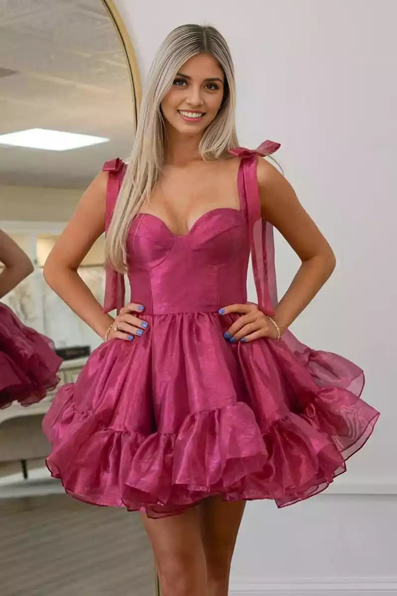 Stunning A-line sheer short heart-shaped neckline with sleeveless ruffle edge and lace up at the back Homecoming Dresses