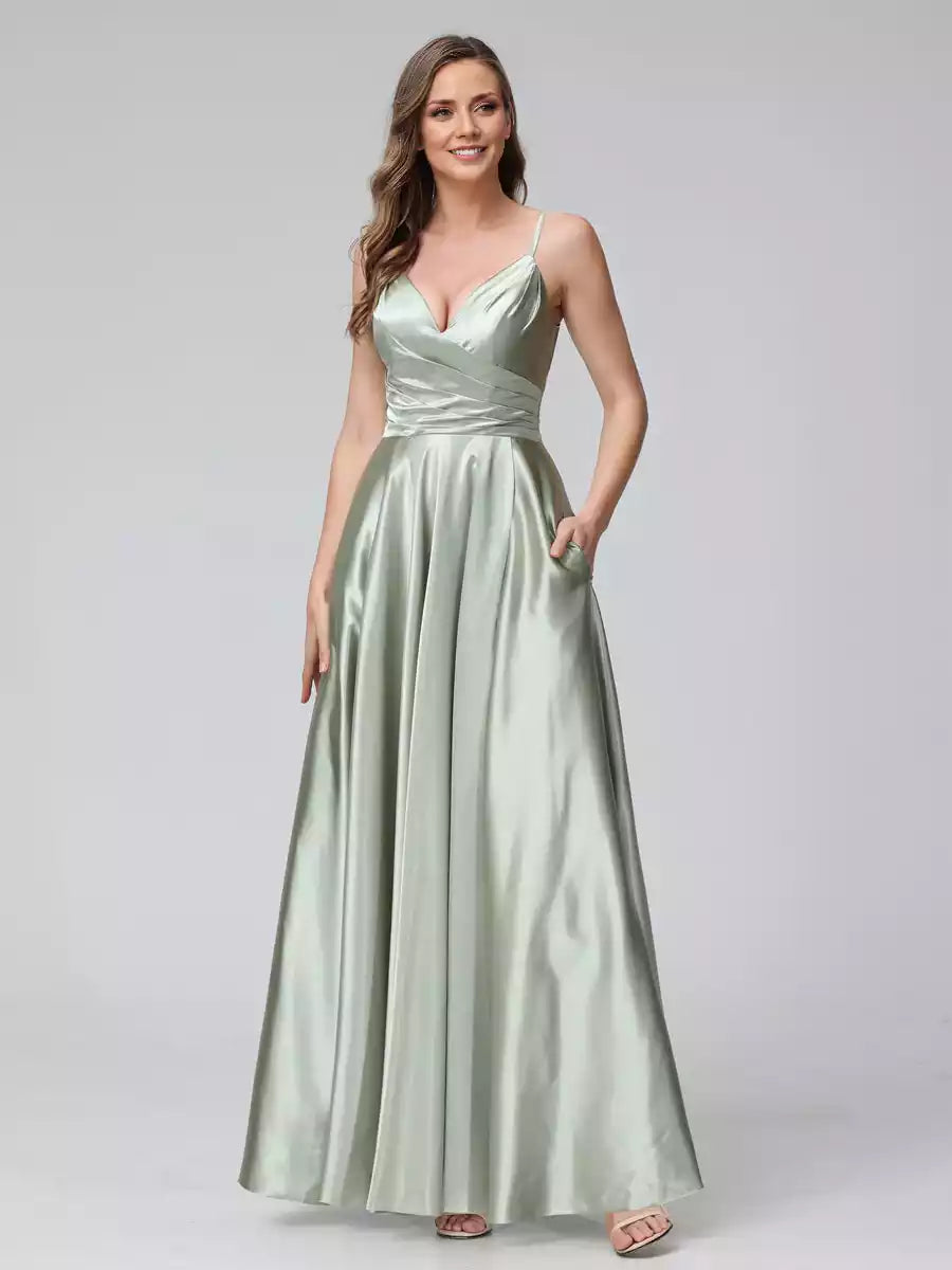 Stunning A-line sleeveless long silk satin side slit Bridesmaid Dresses