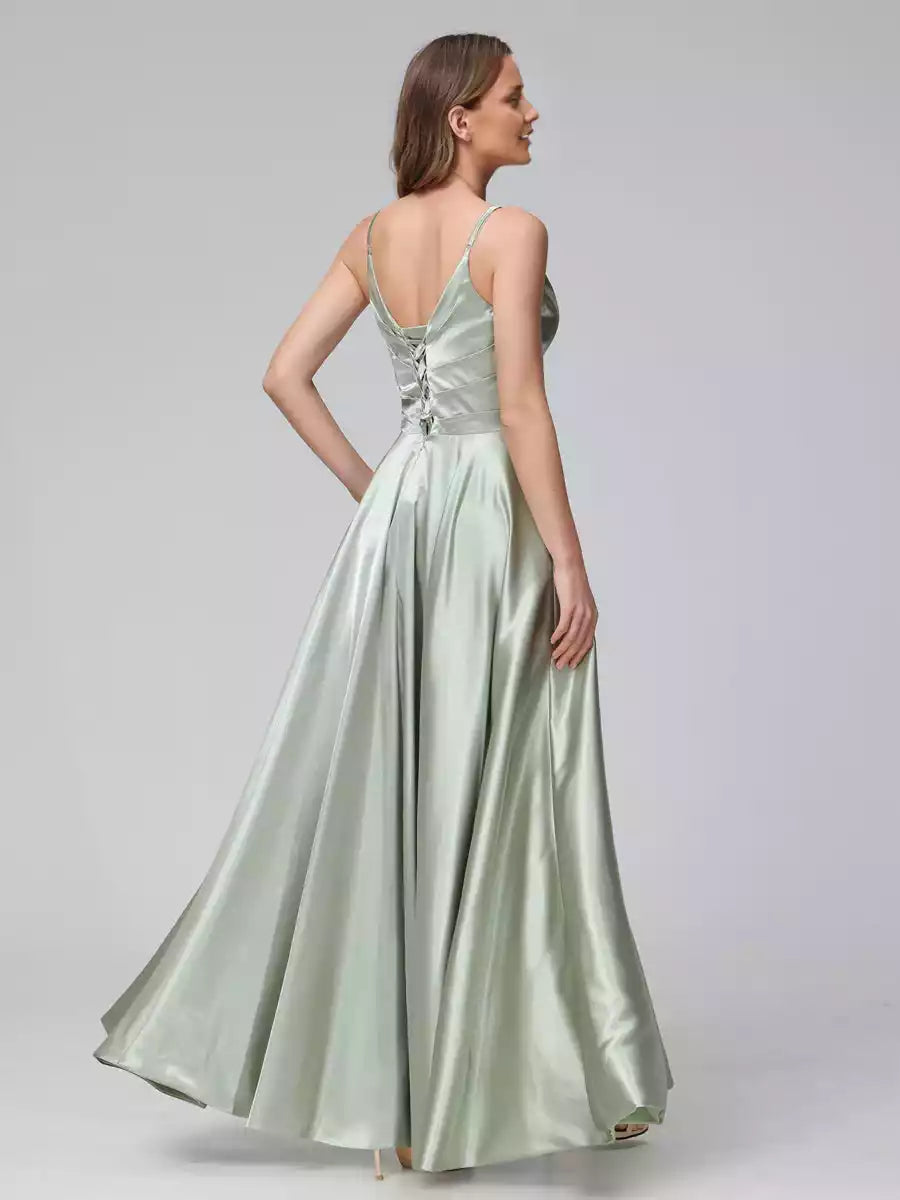 Stunning A-line sleeveless long silk satin side slit Bridesmaid Dresses