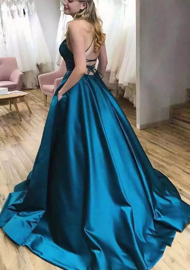Stunning A-line square neck thin shoulder strap with trailing satin pleats Prom Dresses
