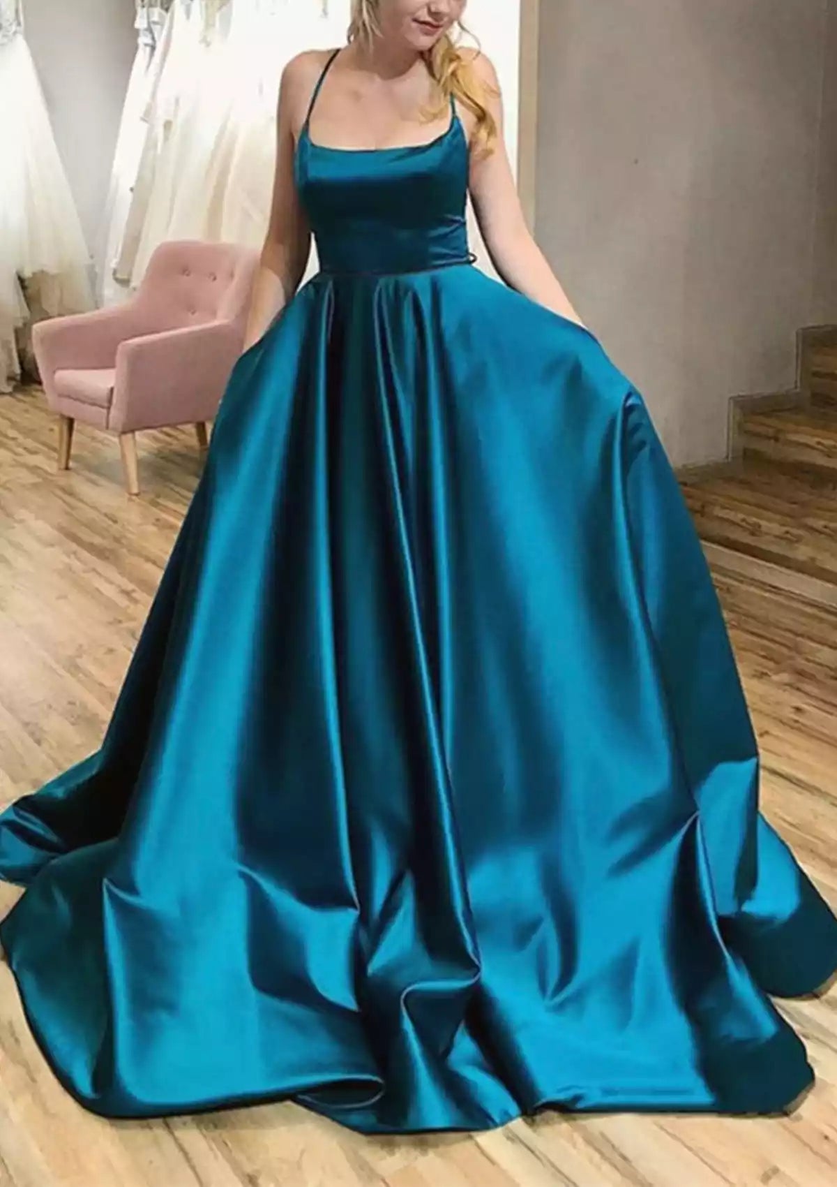 Stunning A-line square neck thin shoulder strap with trailing satin pleats Prom Dresses
