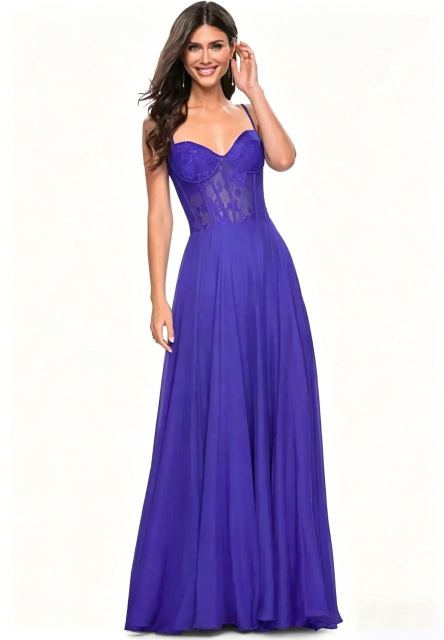 Stunning Chiffon Aline Sweetheart Spaghetti Strap Lace Corset Floor Length Evening Dresses