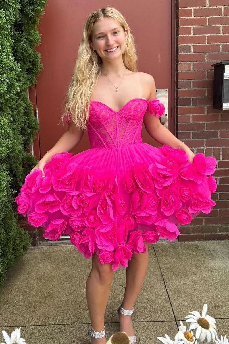 Stunning Hot Pink A-Line Off The Shoulder Short Tulle Homecoming Dress