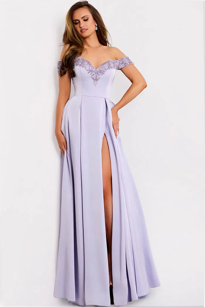 Stunning Lavender Off-the-Shoulder Evening Dress with Beaded Lace & High Slit