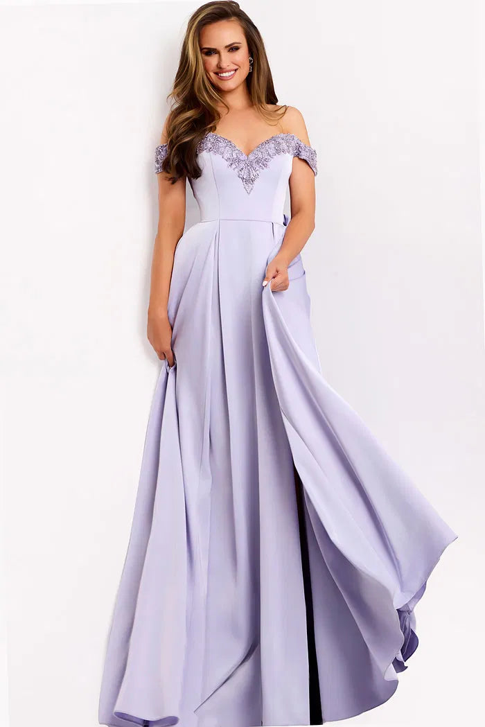 Stunning Lavender Off-the-Shoulder Evening Dress with Beaded Lace & High Slit