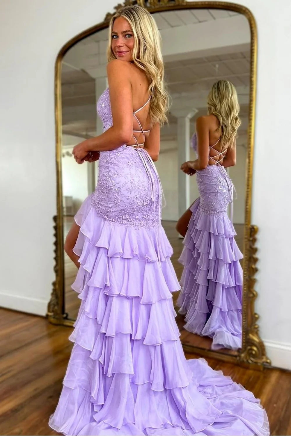 Stunning Lilac Mermaid Spaghetti Straps Lace Prom Dress with Ruffle Skirt