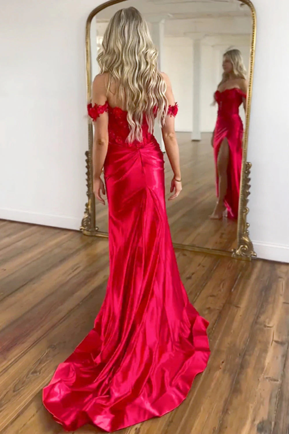 Red Satin Mermaid Off The Shoulder Long Full Of Charm Prom Dress