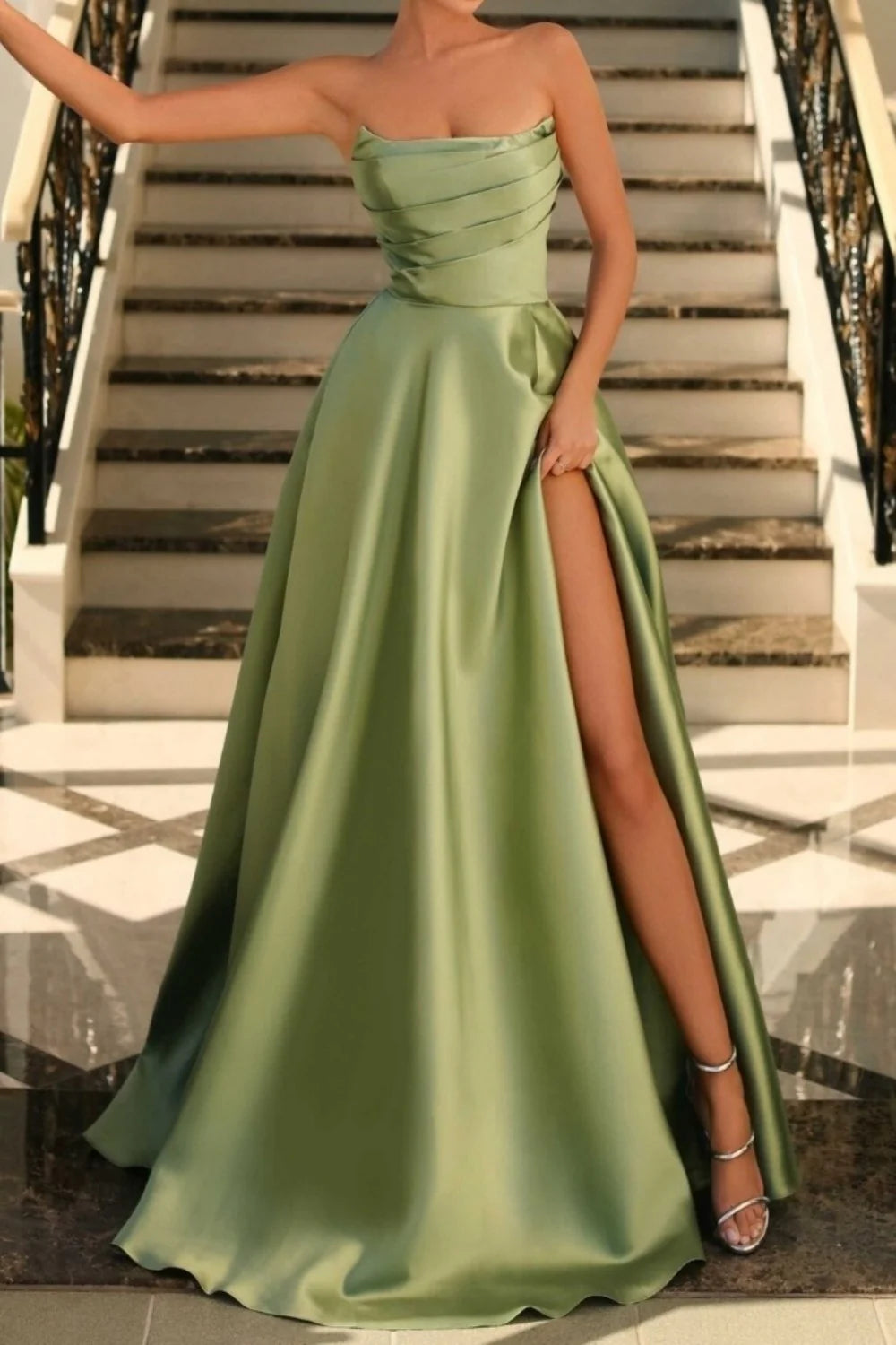 Stunning Sage Green A-Line Strapless Long Satin Full Of Charm Prom Dress