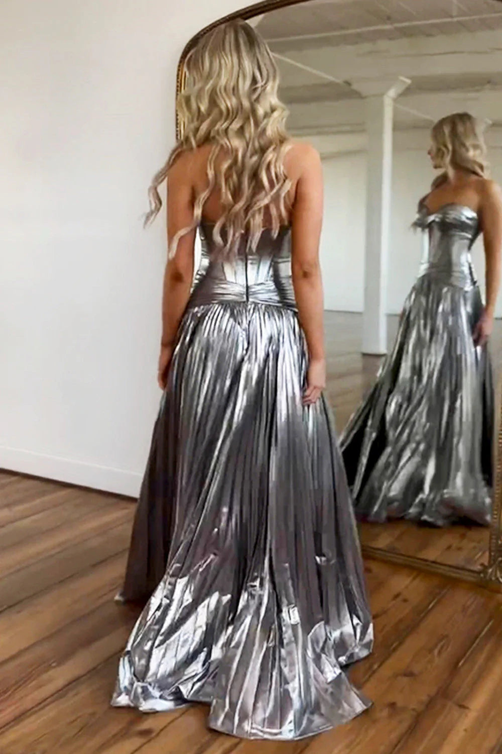 Sparkly Metallic Silver A-Line Sweetheart Long Full Of Charm Prom Dress