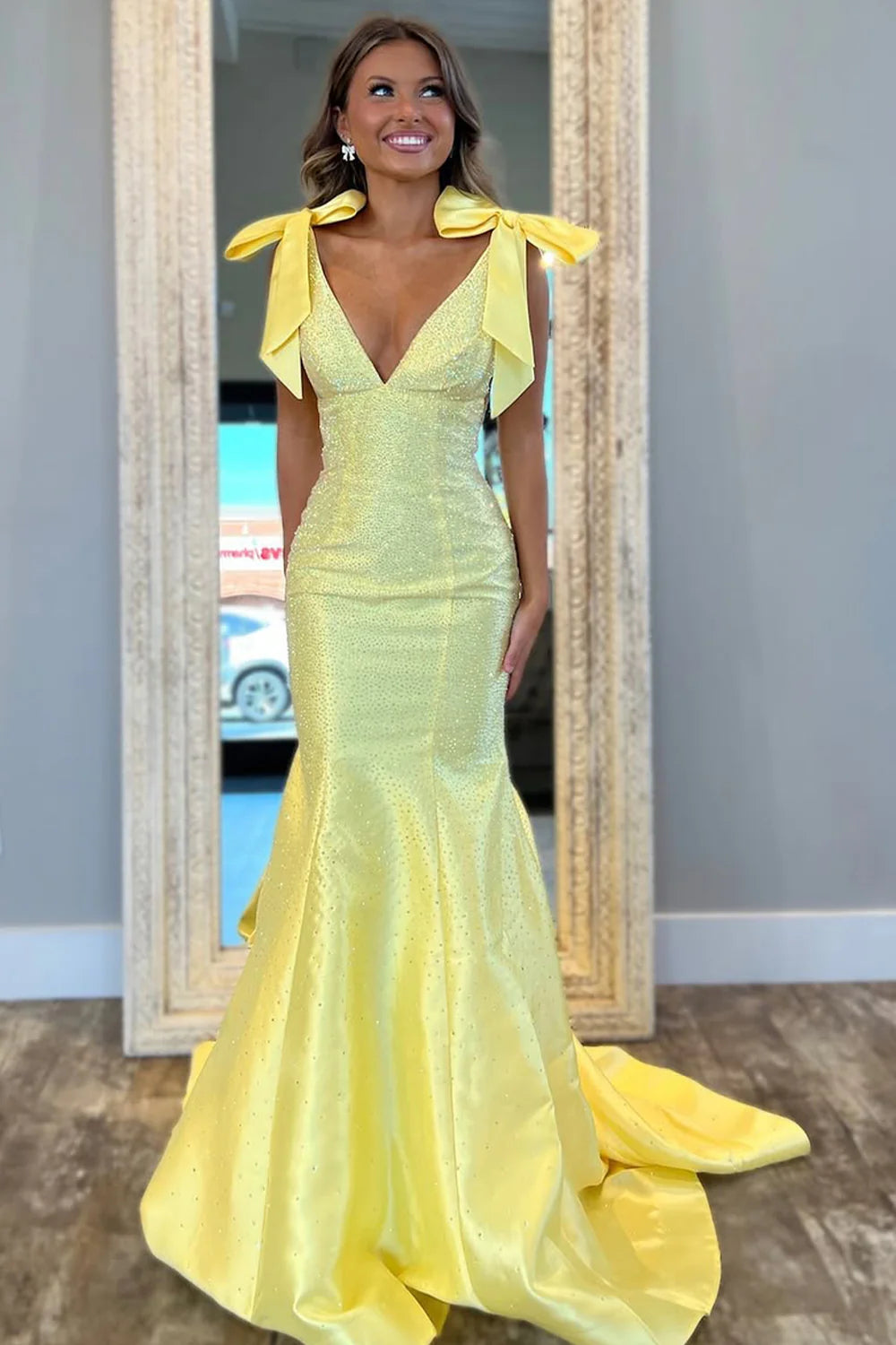 Stunning Yellow Mermaid V-Neck Long Beaded Unique Design Prom Dress
