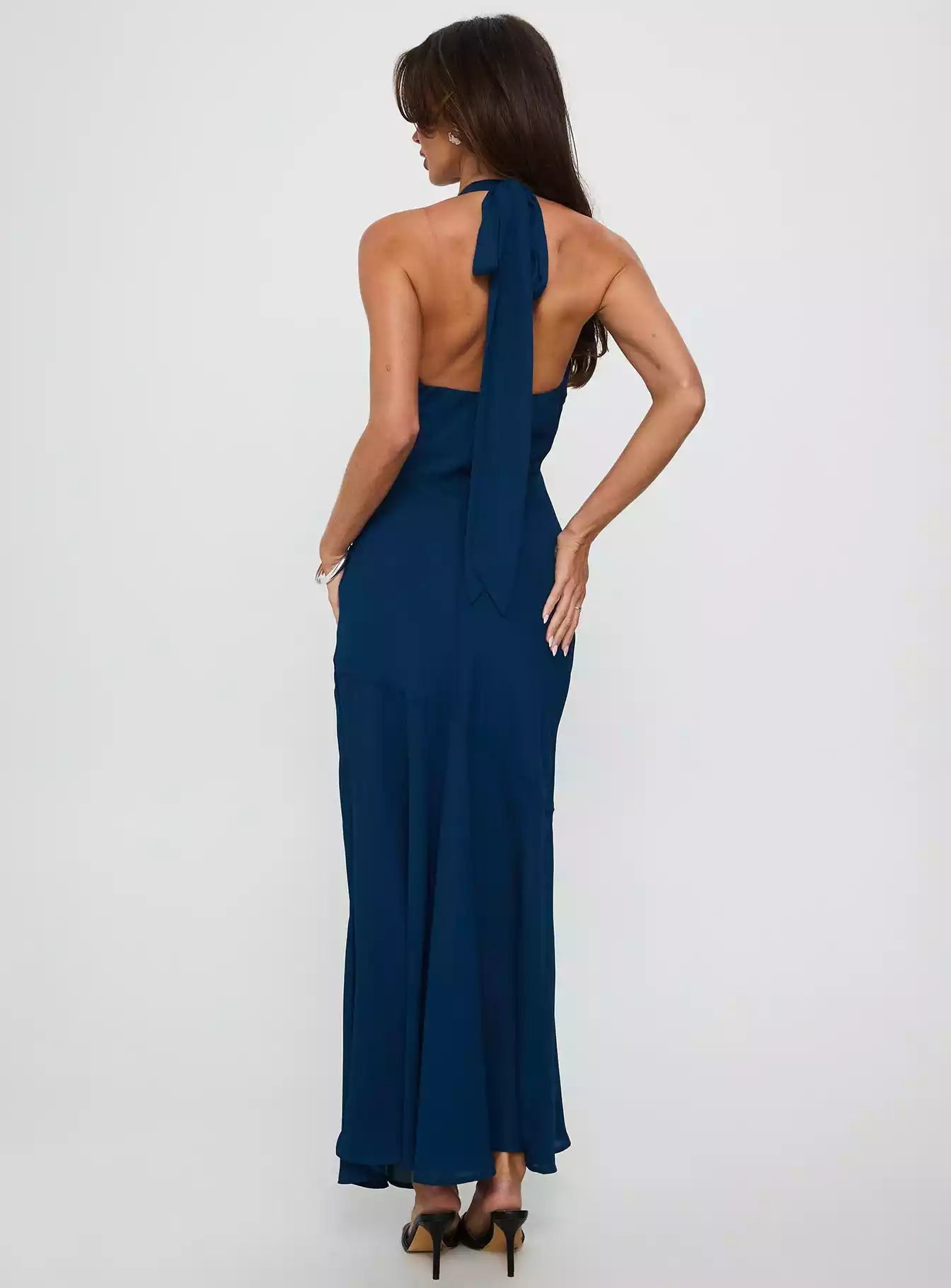 Stunning deep V-neck with adjustable side zipper, hanging neck shoulder strap, semi exposed back, fully lined Prom Dresses