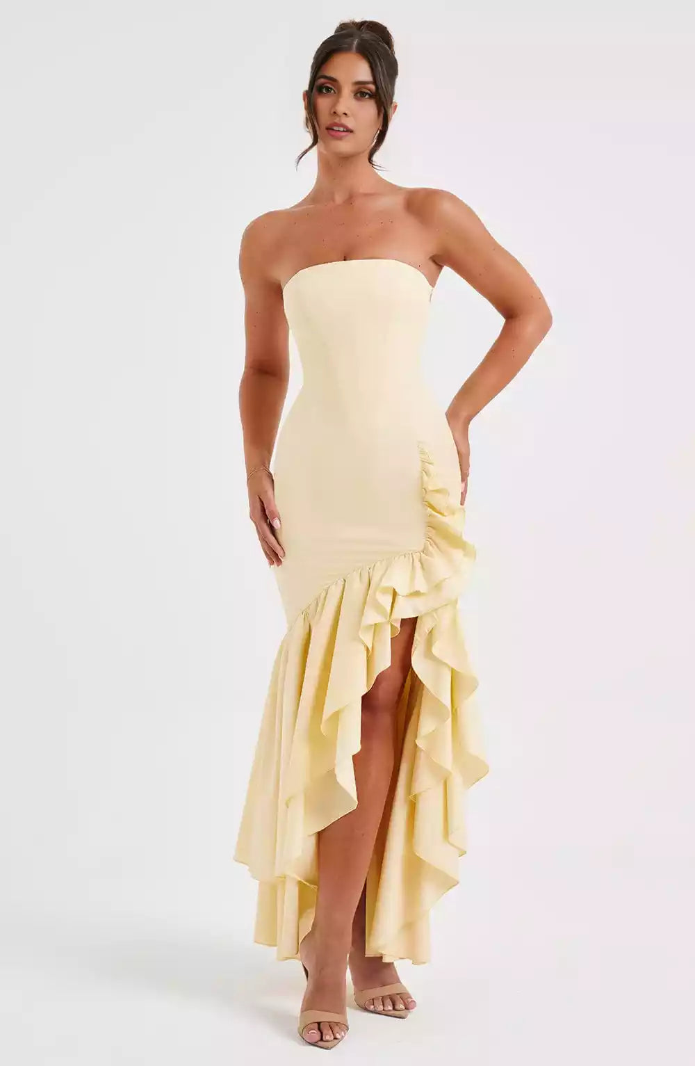 Stunning high-quality non stretch cotton blend strapless pleated slit with invisible zipper Prom Dresses