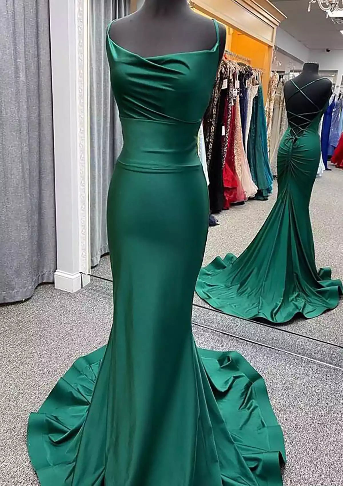 Stunning horn/mermaid neckline, pleated thin shoulder strap, trailing knit Prom Dresses