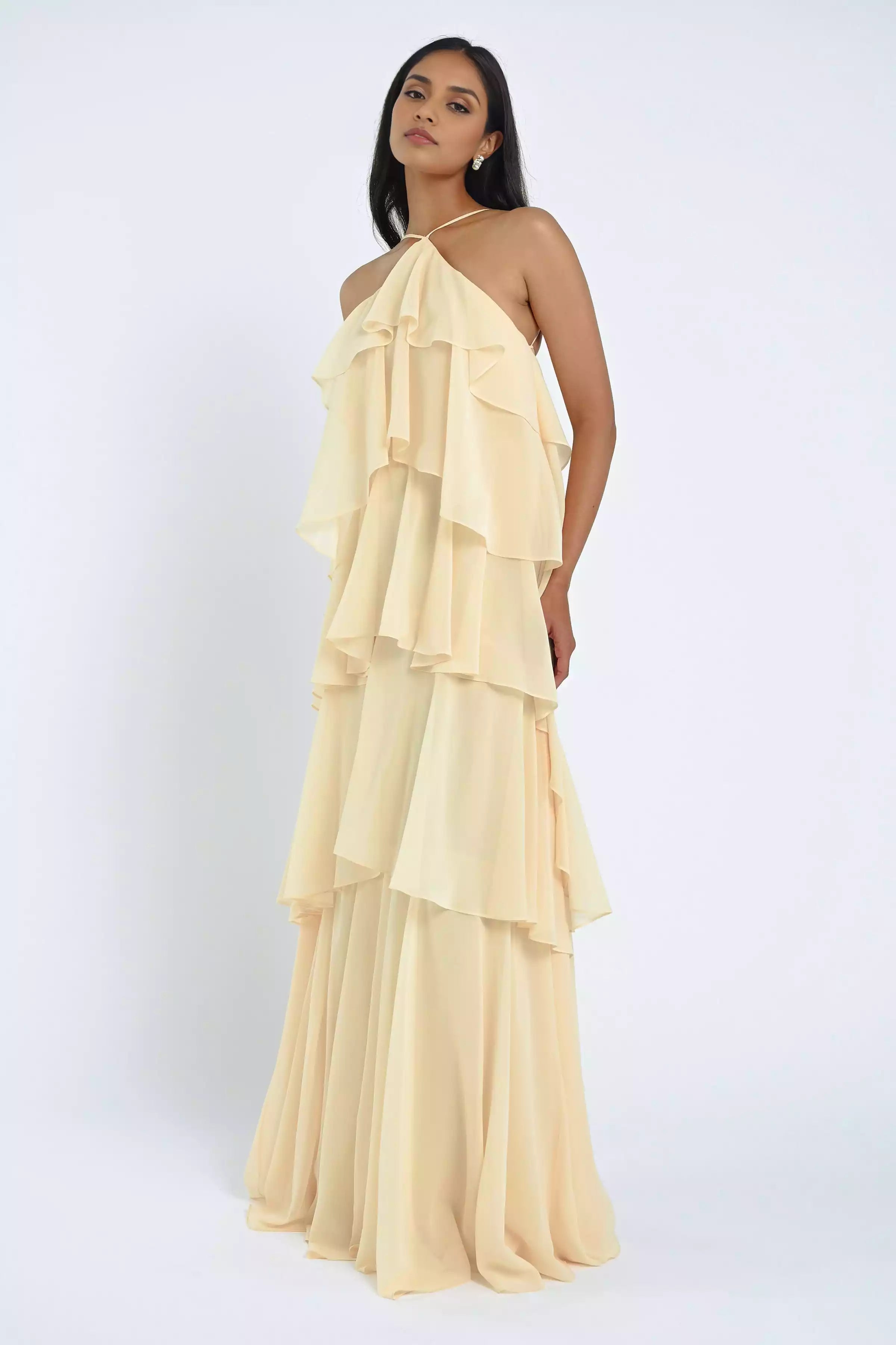 Stunning luxury chiffon backless neckline with adjustable thin shoulder straps, layered ruffle edges, and a back zipper Prom Dresses