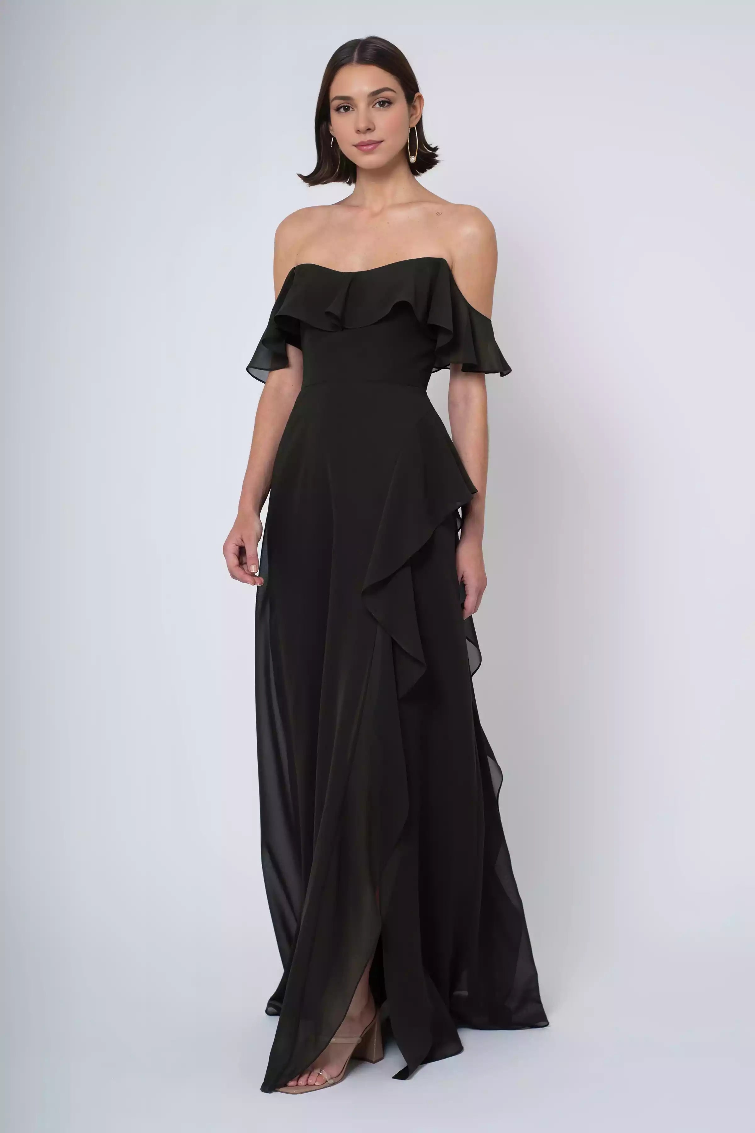 Stunning luxury chiffon round tie with ruffled edge, exposed shoulder, ruffled edge, A-line back zipper, Prom Dresses