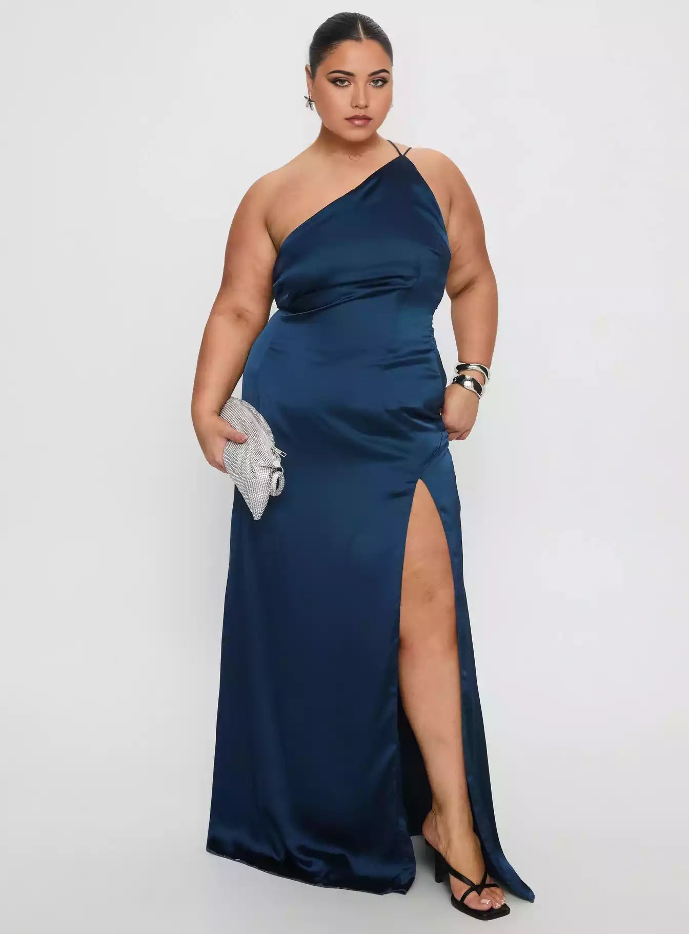 Stunning plus size satin single shoulder long style with high slit, hidden zipper on the side, exposed back strap, fully lined Prom Dresses