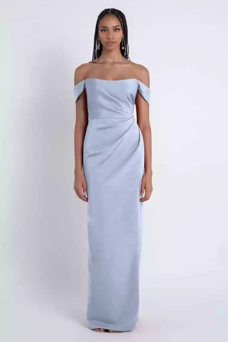 Stunning round neck, detachable off shoulder sleeves, tight fitting corset with asymmetrical pleats, slim fit, slit, back middle zipper Prom Dresses