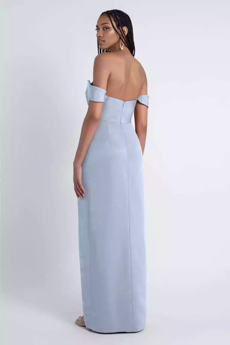 Stunning round neck, detachable off shoulder sleeves, tight fitting corset with asymmetrical pleats, slim fit, slit, back middle zipper Prom Dresses